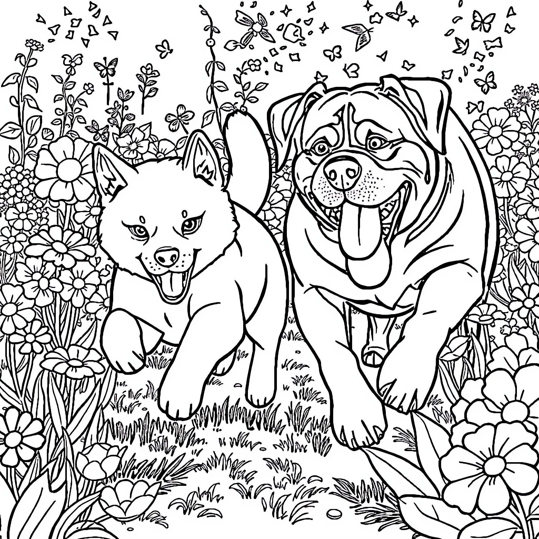 Dog and Cat Playing in Floral Garden Coloring Page (free black-and-white line drawing printable PDF for all, from beginners to advanced learners, including children, teens, adults, and seniors)