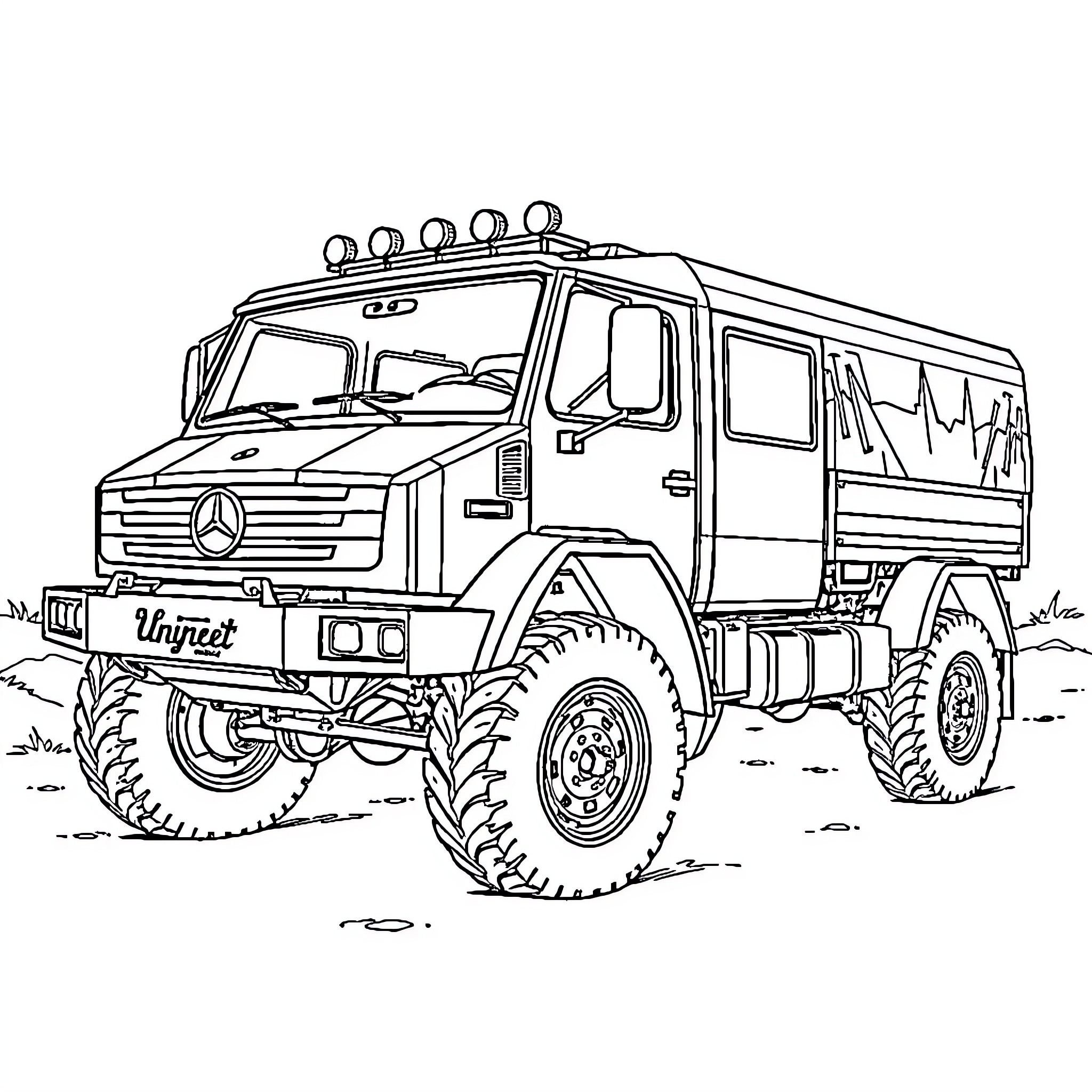 Mercedes Benz Unimog off-road vehicle on rugged terrain Coloring Page (free black-and-white line drawing printable PDF for all, from beginners to advanced learners, including children, teens, adults, and seniors)