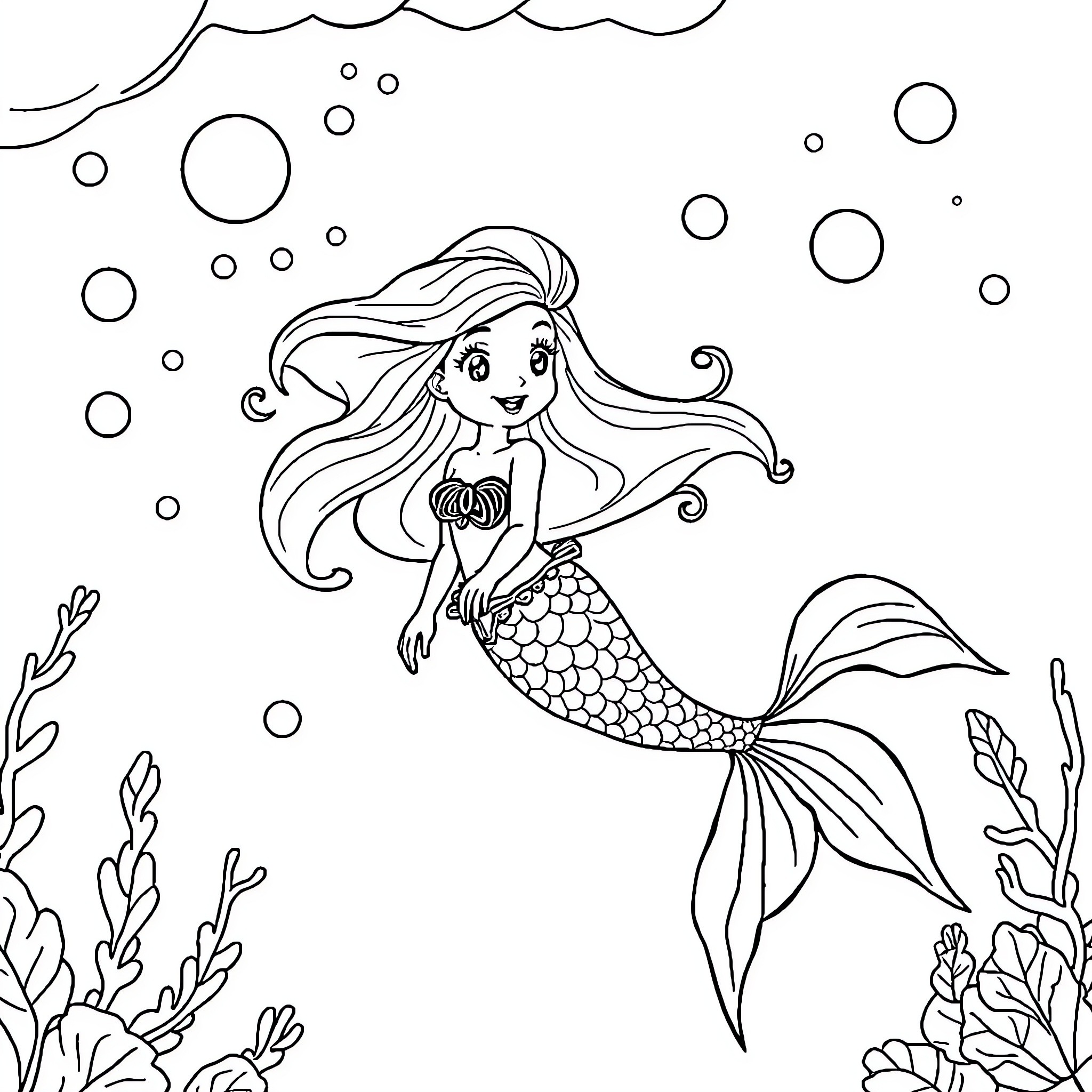 Mermaid swimming joyfully in the underwater realm Coloring Page (free black-and-white line drawing printable PDF for all, from beginners to advanced learners, including children, teens, adults, and seniors)