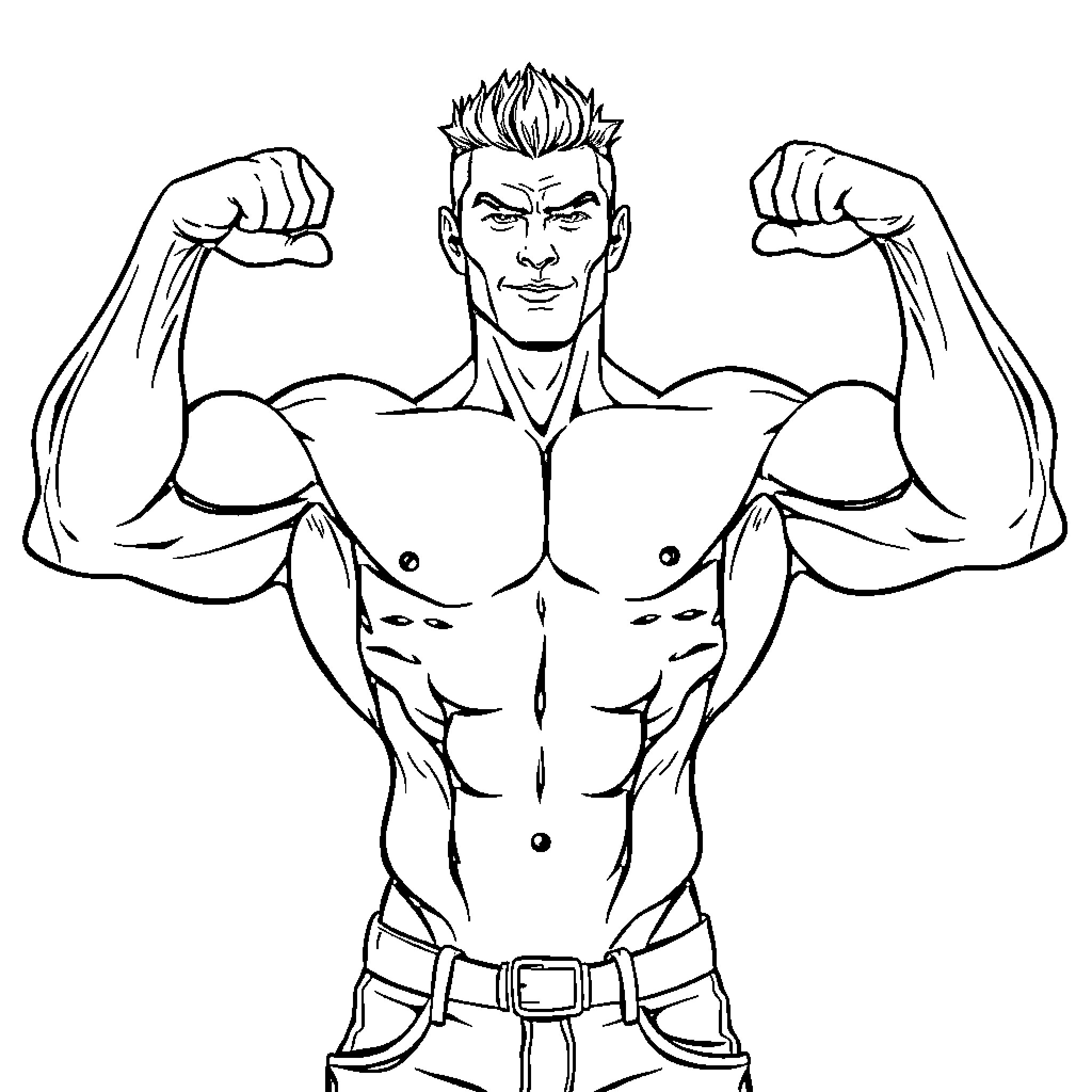Muscle Man Flexing His Muscular Arms Coloring Page (free black-and-white line drawing printable PDF for all, from beginners to advanced learners, including children, teens, adults, and seniors)