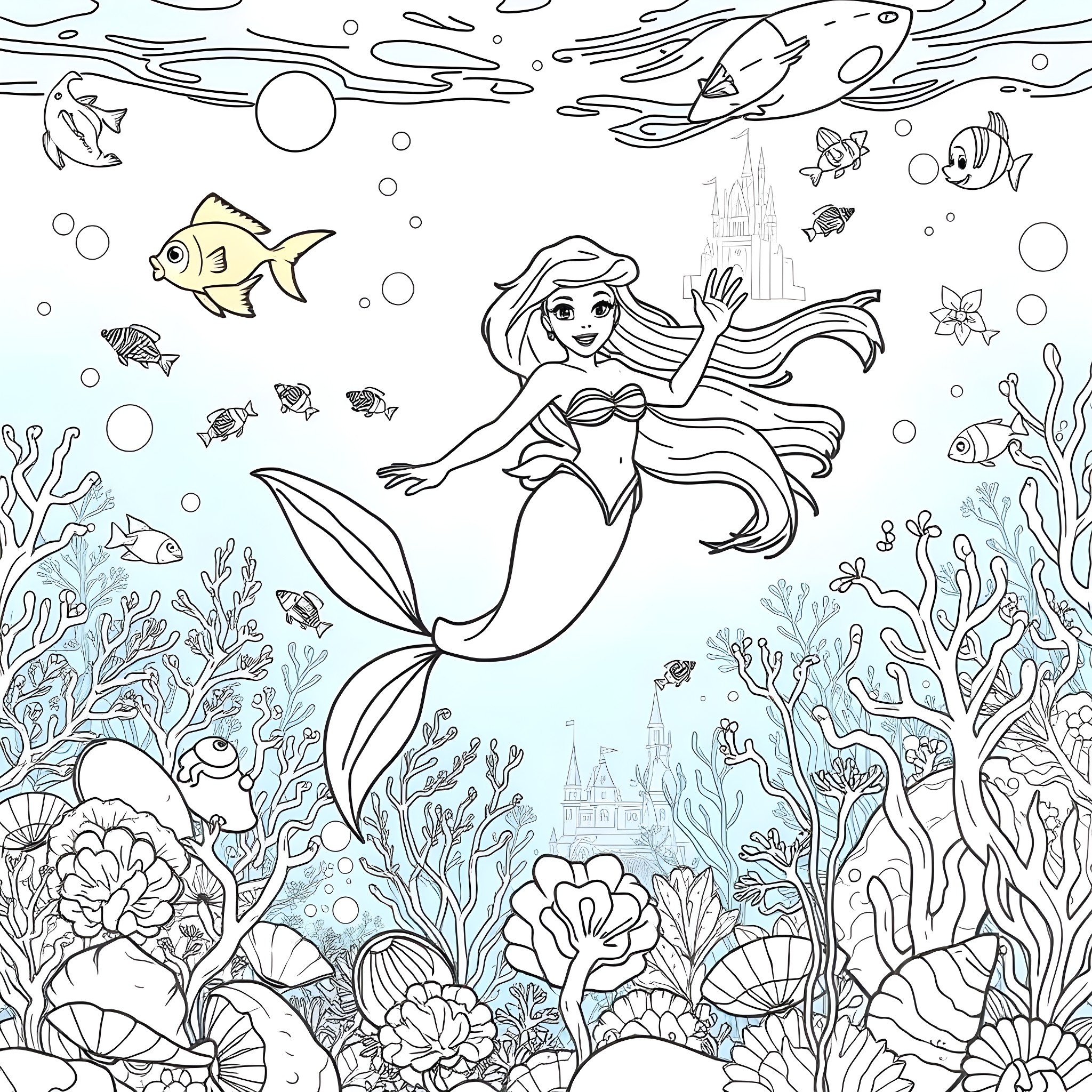 Mermaid swimming gracefully among underwater flora and fauna Coloring Page (free black-and-white line drawing printable PDF for all, from beginners to advanced learners, including children, teens, adults, and seniors)