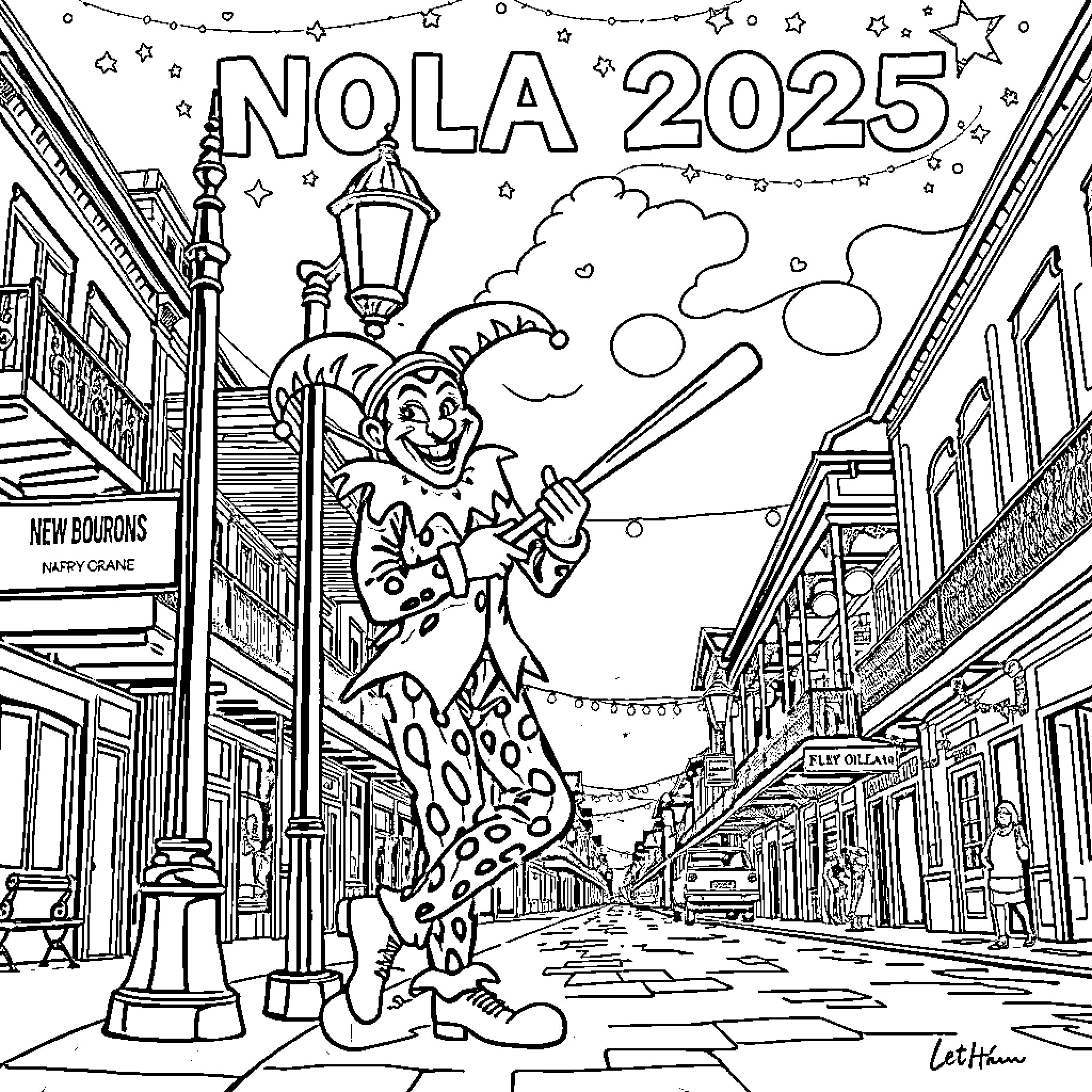 Jester celebrating NOLA 2025 in the city streets Coloring Page (free black-and-white line drawing printable PDF for all, from beginners to advanced learners, including children, teens, adults, and seniors)
