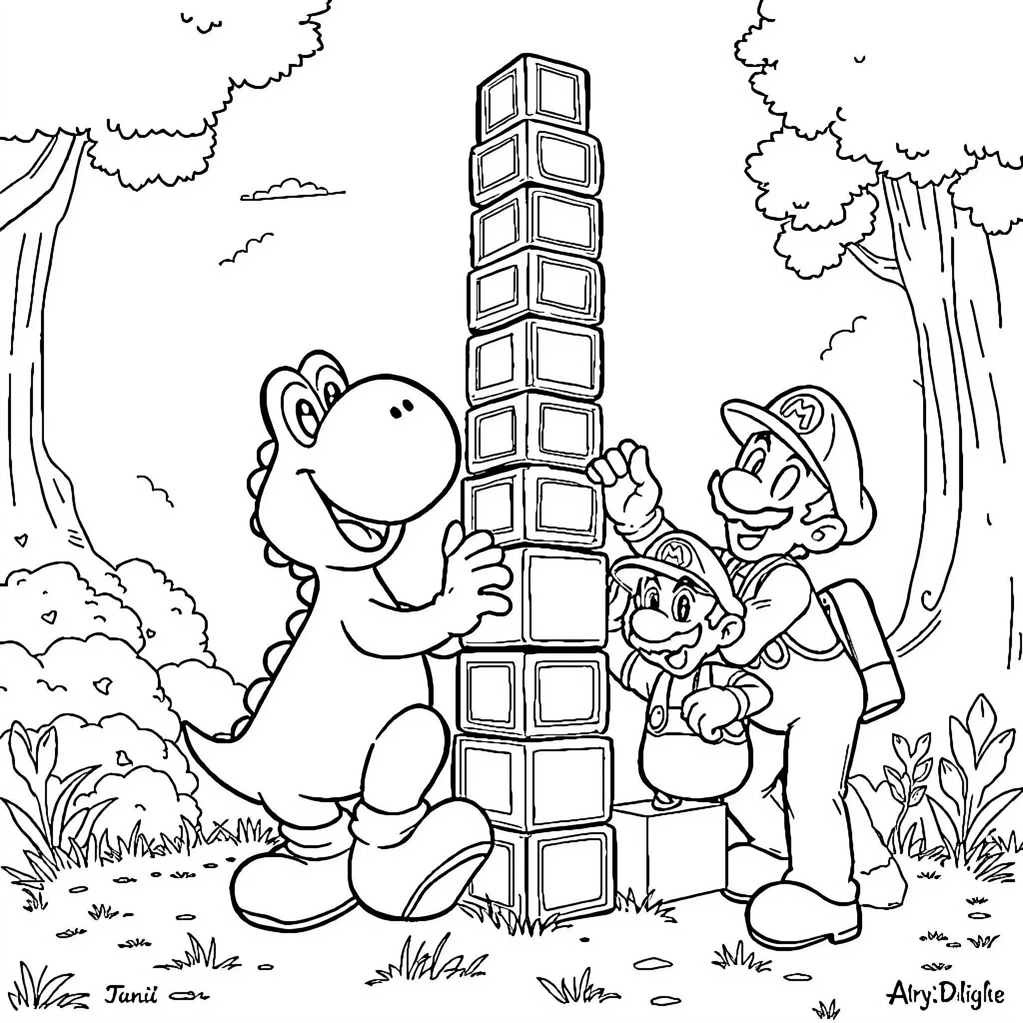Yoshi and Mario exploring the forest together Coloring Page (free black-and-white line drawing printable PDF for all, from beginners to advanced learners, including children, teens, adults, and seniors)