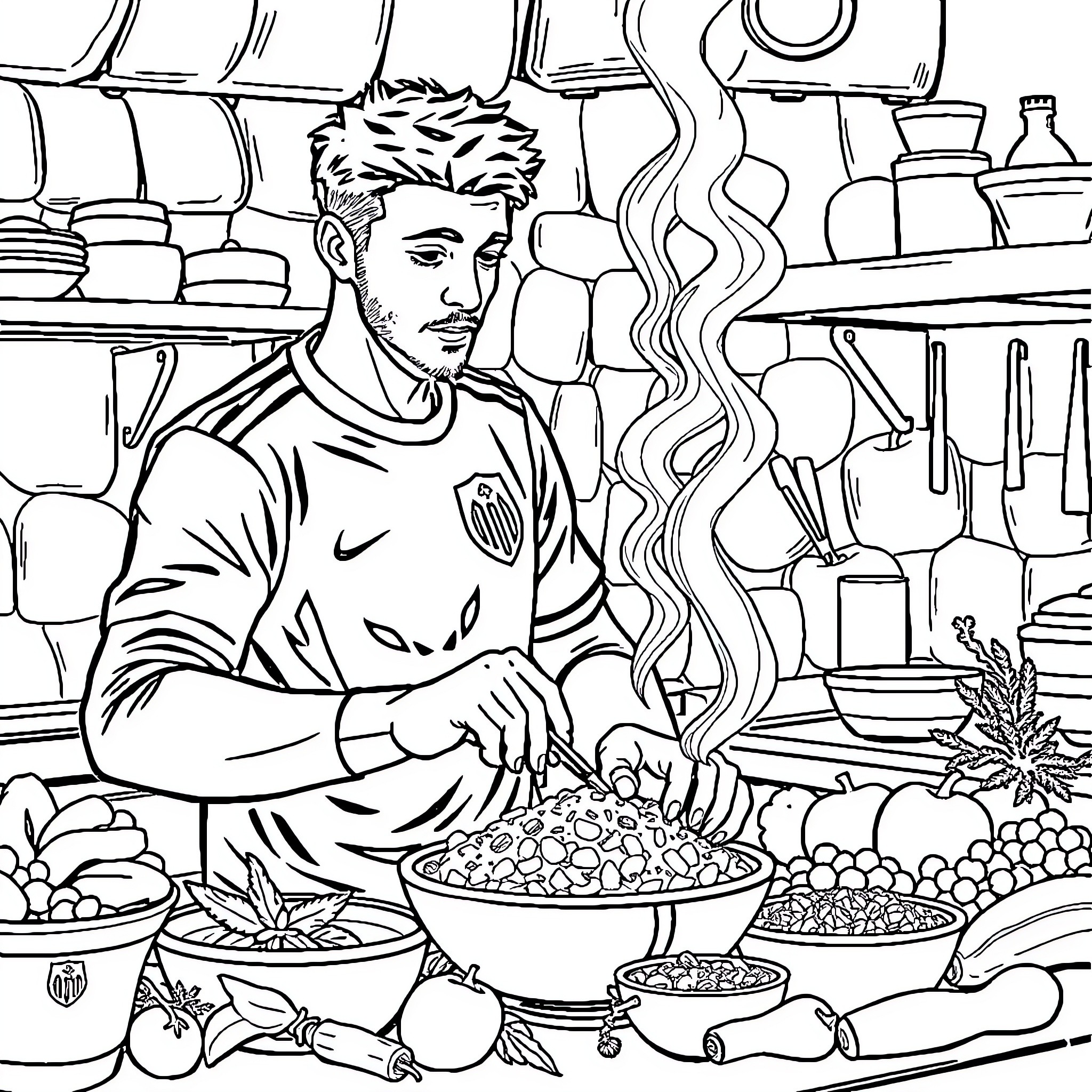 Joueur prepares a delicious meal in the kitchen Coloring Page (free black-and-white line drawing printable PDF for all, from beginners to advanced learners, including children, teens, adults, and seniors)