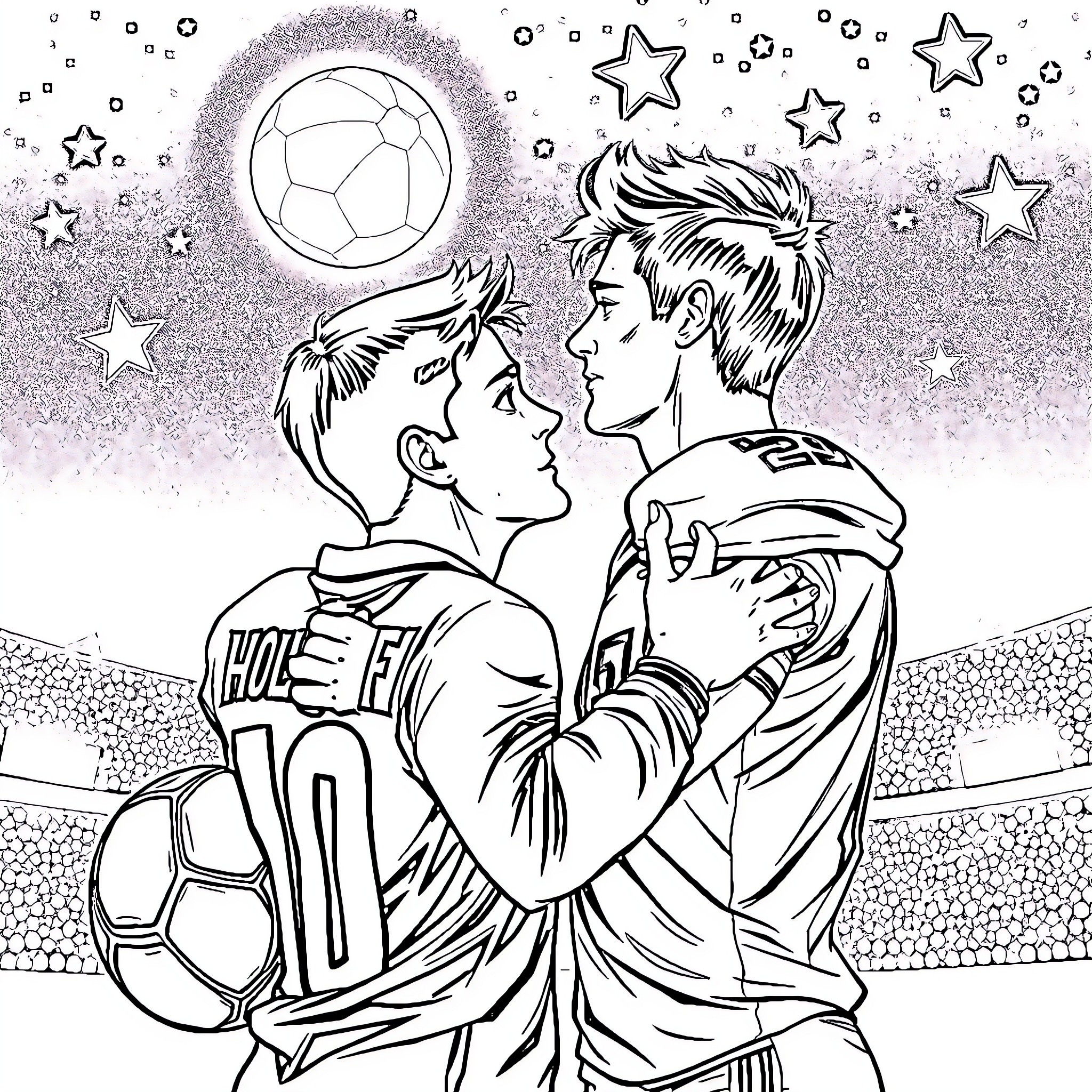 Tom Holland playing soccer under the starry night sky Coloring Page (free black-and-white line drawing printable PDF for all, from beginners to advanced learners, including children, teens, adults, and seniors)