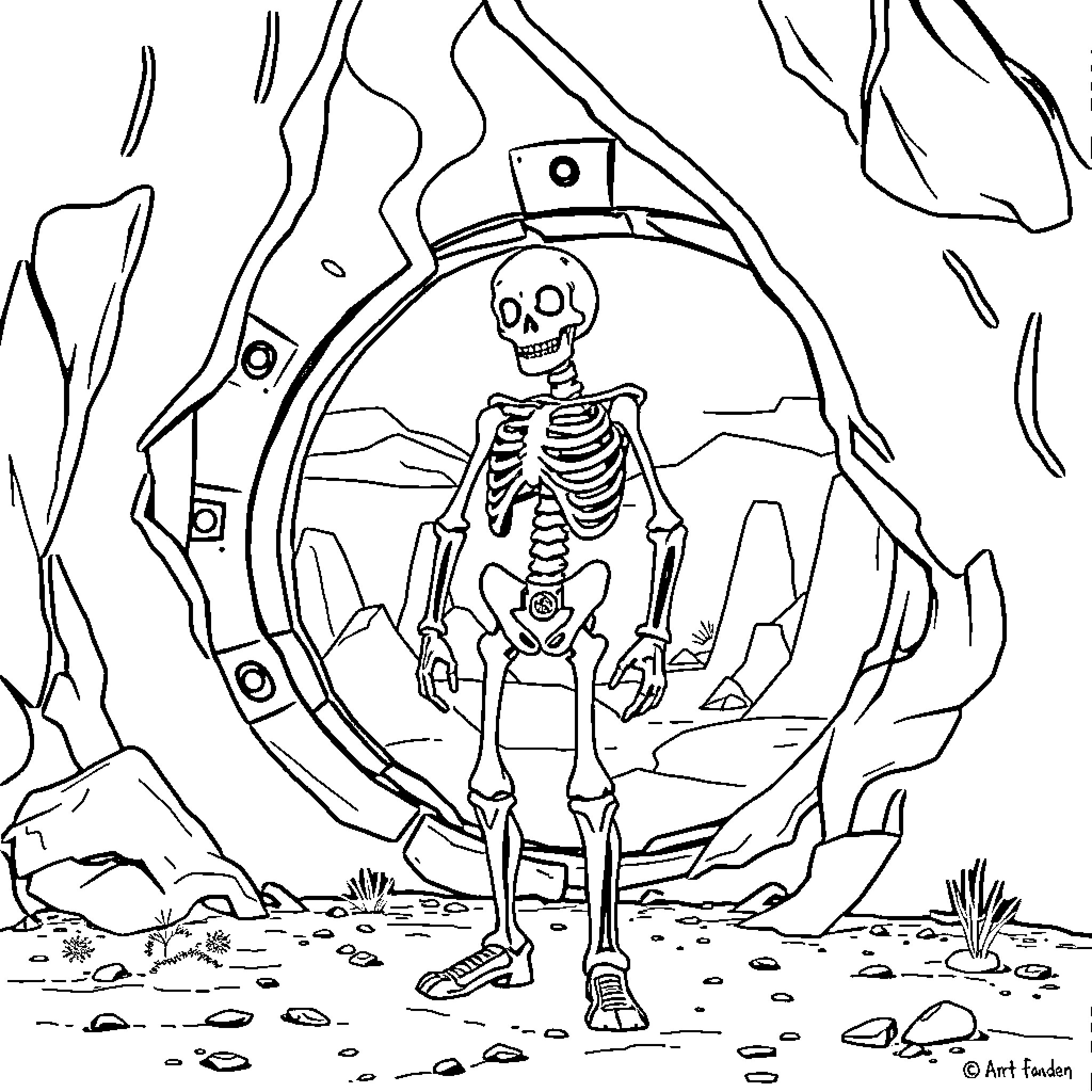Vault Boy exploring a mysterious portal Coloring Page (free black-and-white line drawing printable PDF for all, from beginners to advanced learners, including children, teens, adults, and seniors)