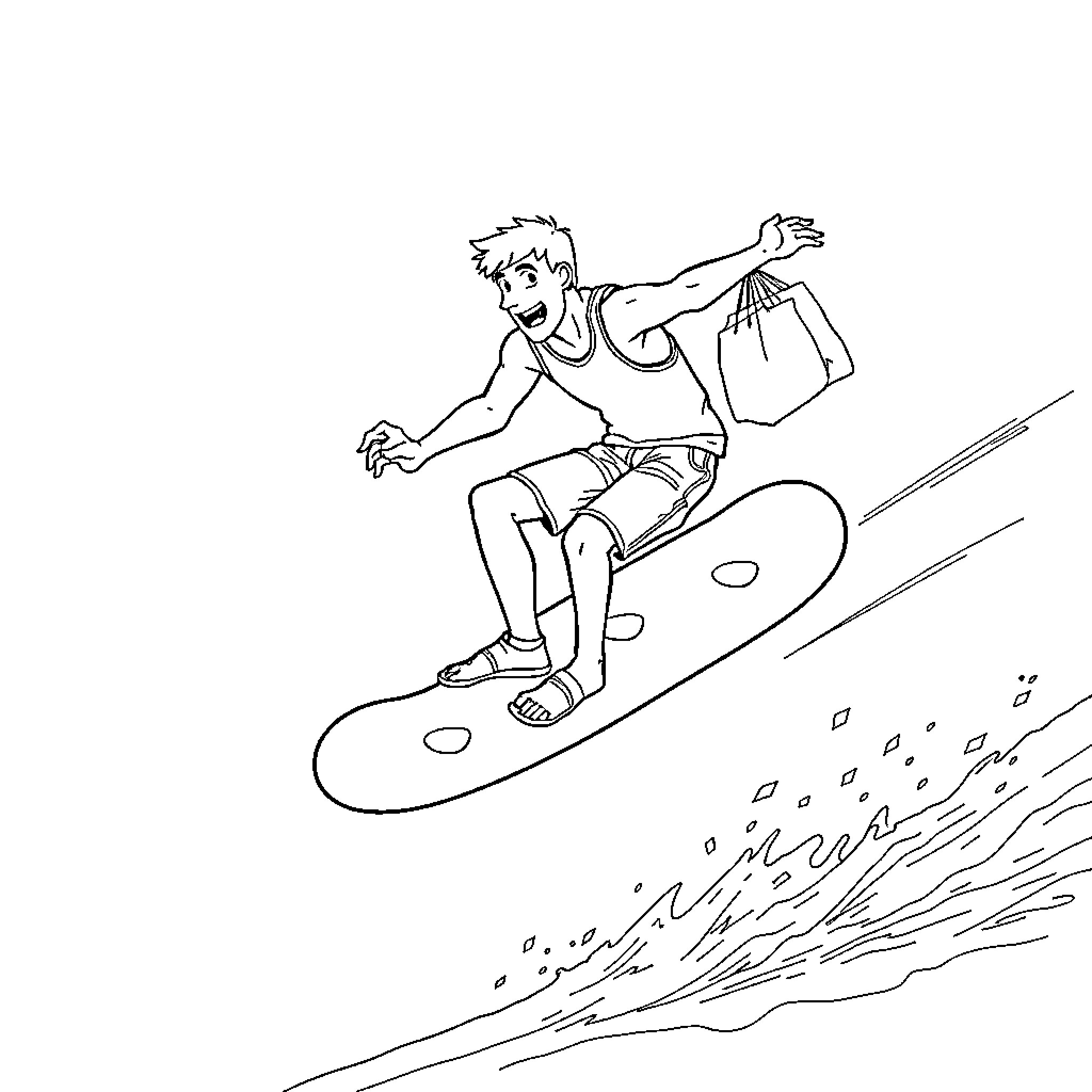 Man riding snowboard down the mountain Coloring Page (free black-and-white line drawing printable PDF for all, from beginners to advanced learners, including children, teens, adults, and seniors)