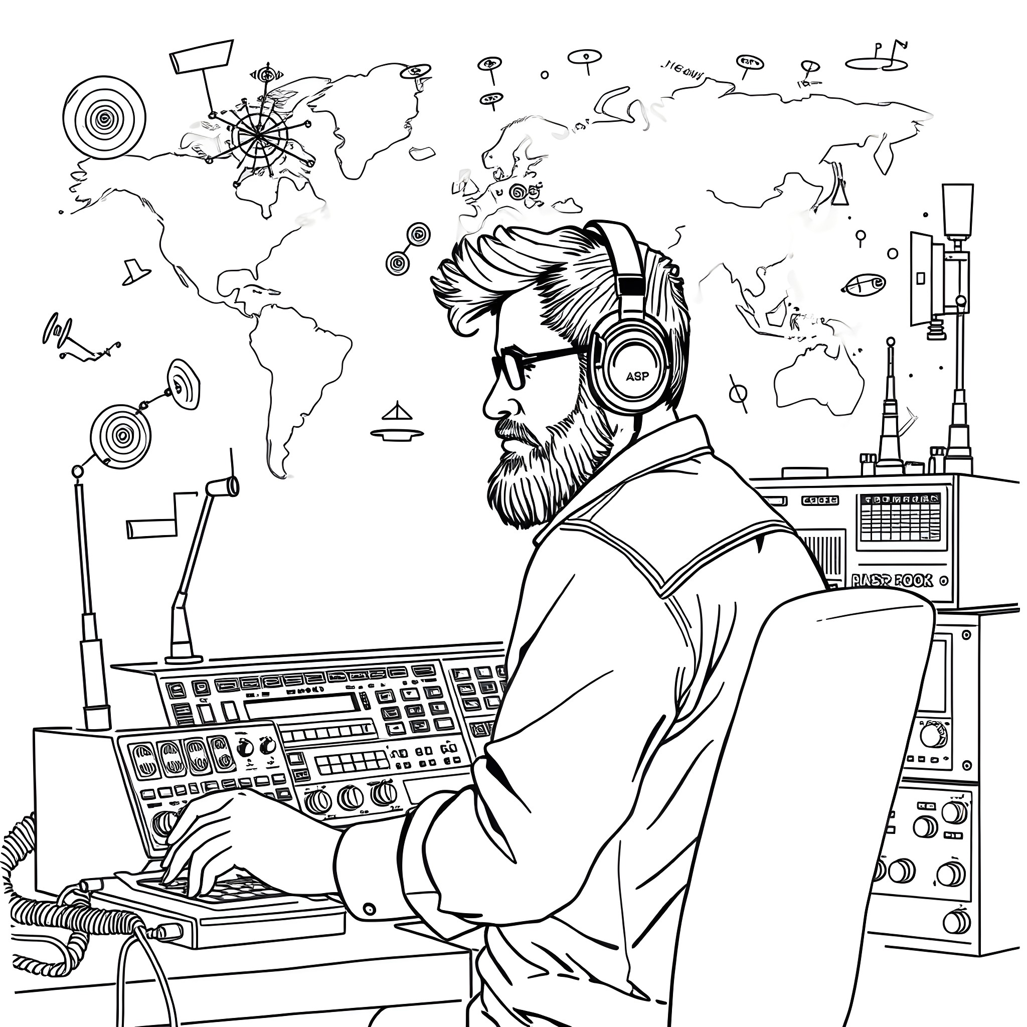 Ham Radio Operator with Broadcasting Equipment Coloring Page (free black-and-white line drawing printable PDF for all, from beginners to advanced learners, including children, teens, adults, and seniors)