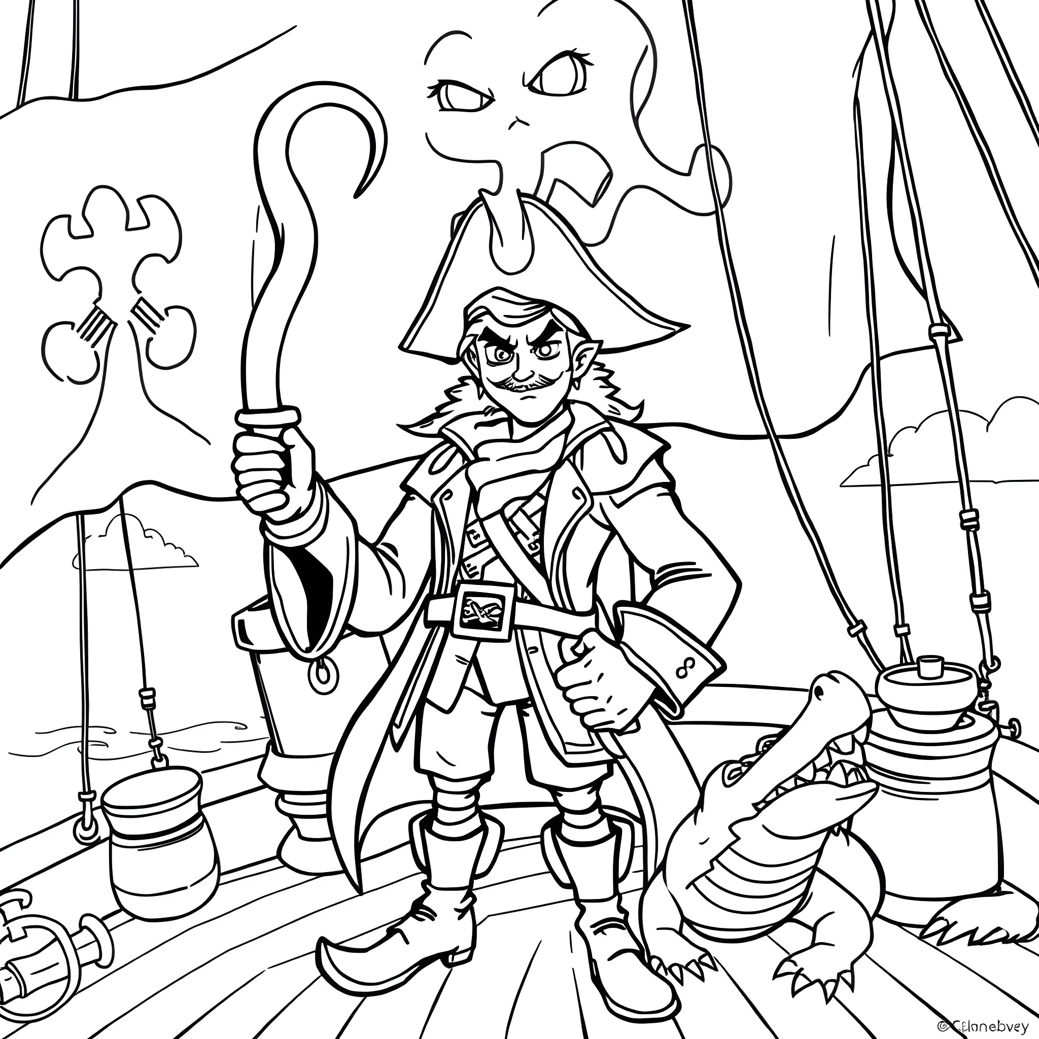 Captain Hook's Swashbuckling Adventure Coloring Page (free black-and-white line drawing printable PDF for all, from beginners to advanced learners, including children, teens, adults, and seniors)