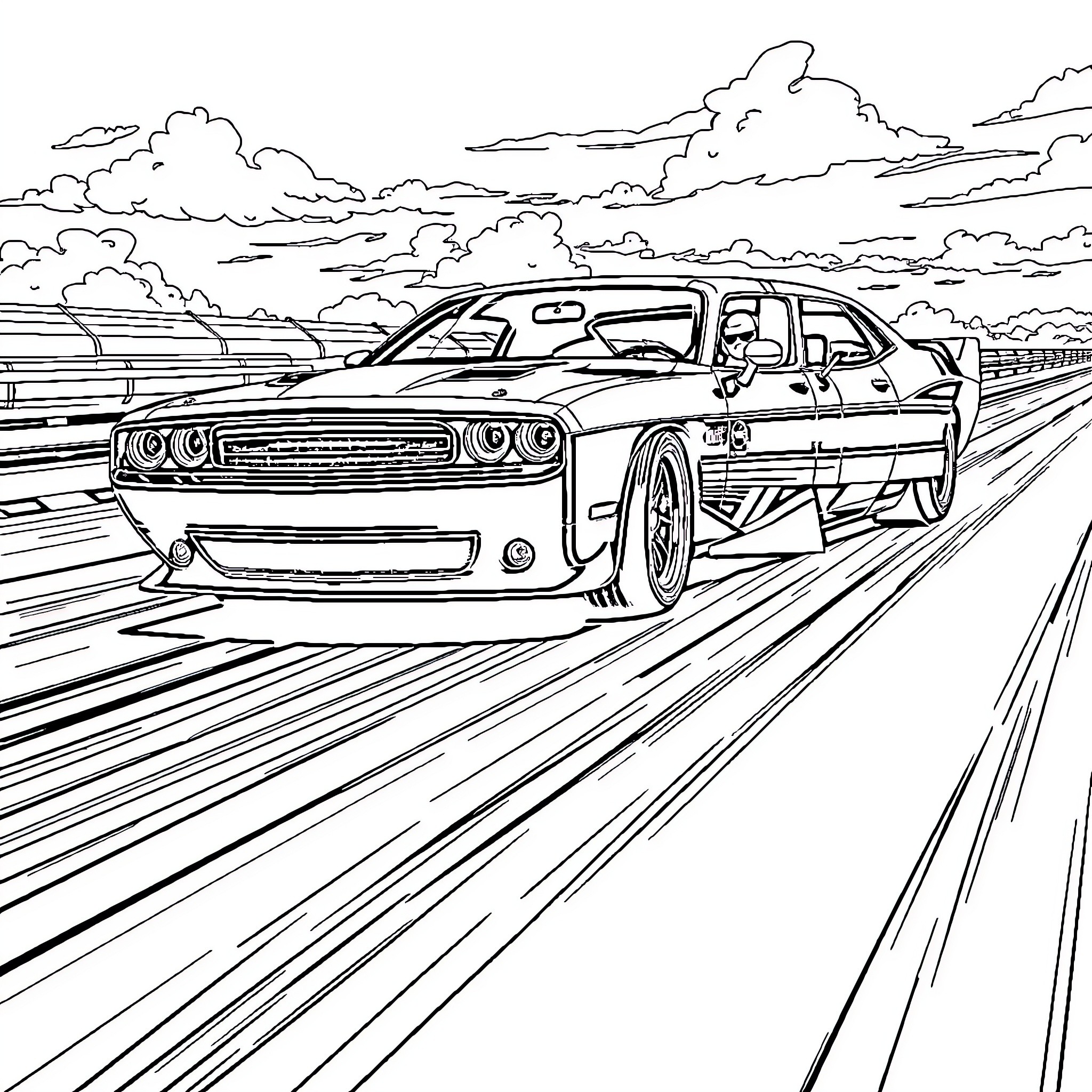 Challenger racing through the open road Coloring Page (free black-and-white line drawing printable PDF for all, from beginners to advanced learners, including children, teens, adults, and seniors)