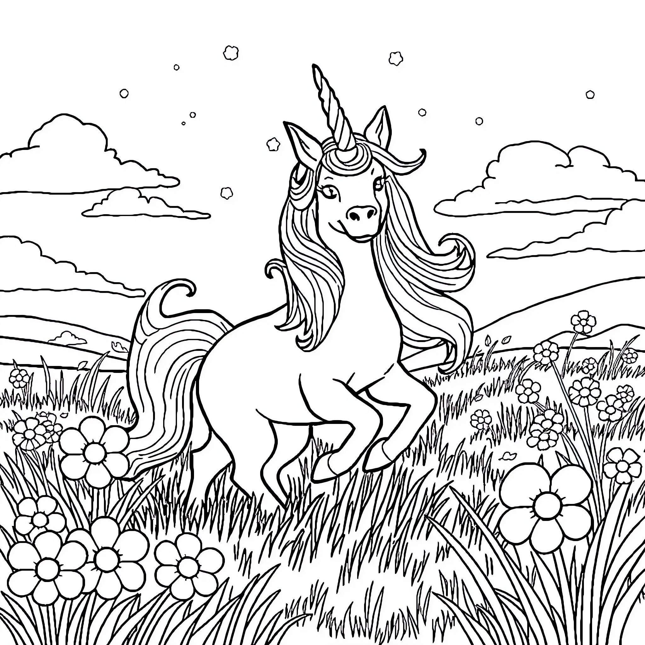 Unicorn frolicking in a magical meadow Coloring Page (free black-and-white line drawing printable PDF for all, from beginners to advanced learners, including children, teens, adults, and seniors)