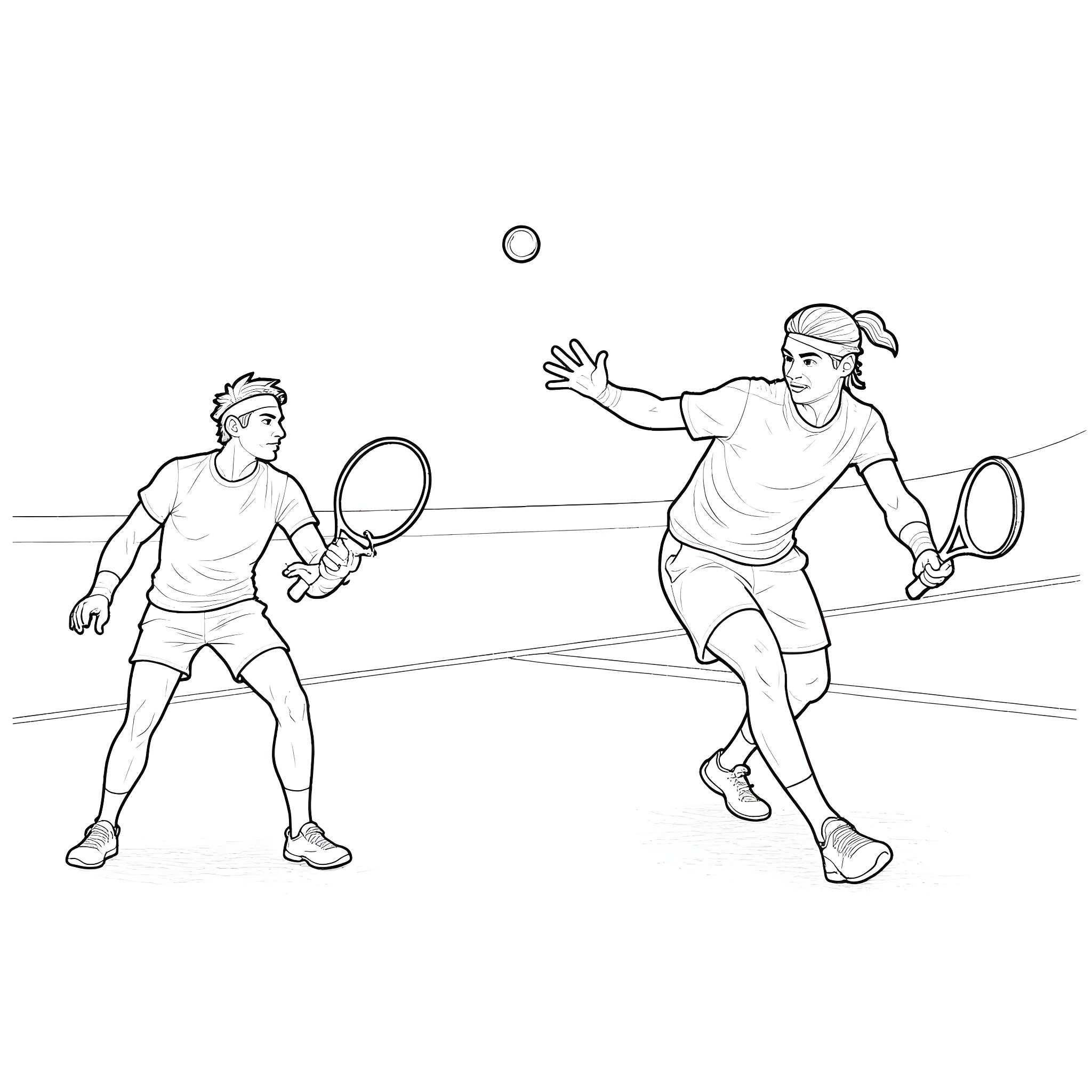 Tennis Players Engaged in a Match Coloring Page (free black-and-white line drawing printable PDF for all, from beginners to advanced learners, including children, teens, adults, and seniors)