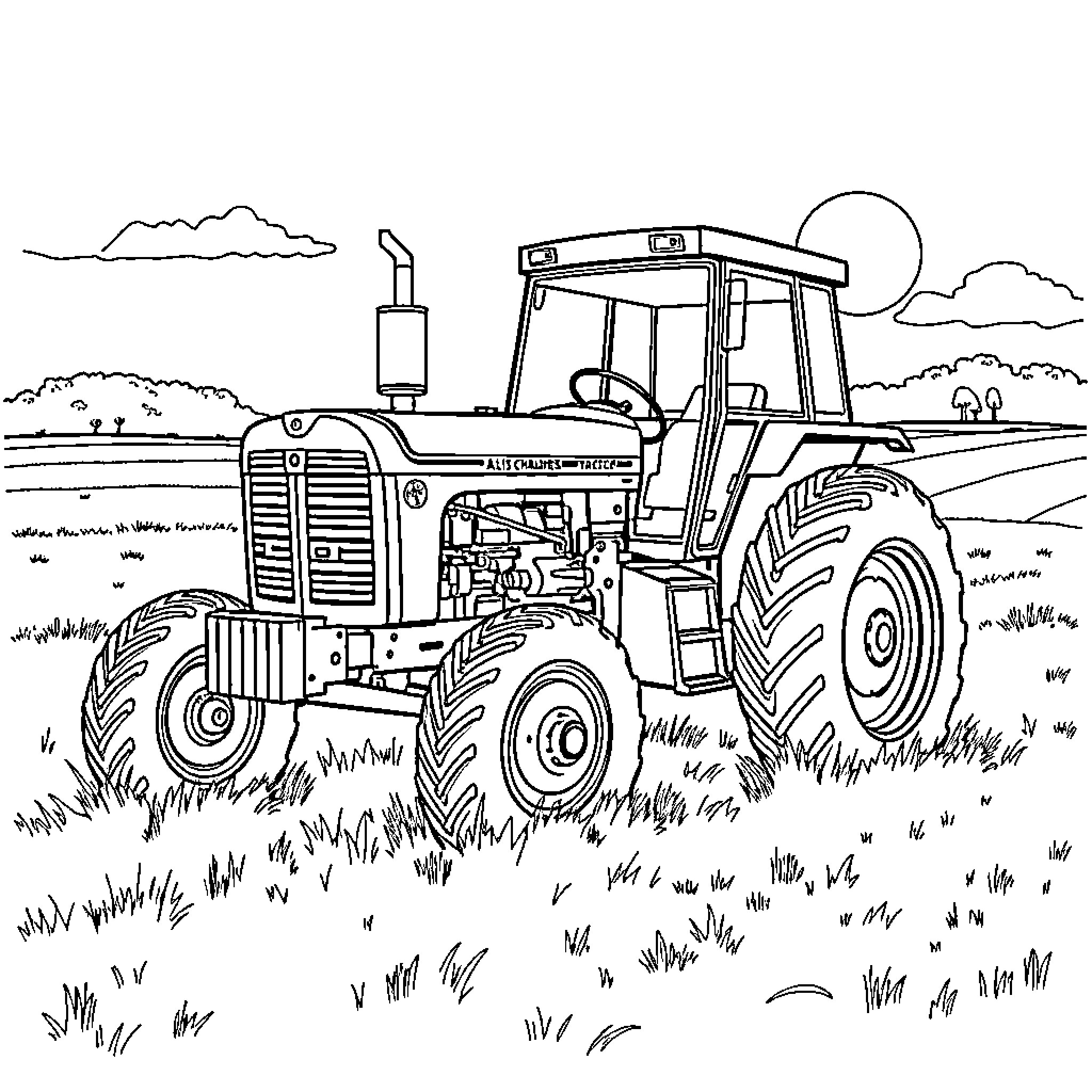 Tractor plowing through a scenic countryside landscape Coloring Page (free black-and-white line drawing printable PDF for all, from beginners to advanced learners, including children, teens, adults, and seniors)