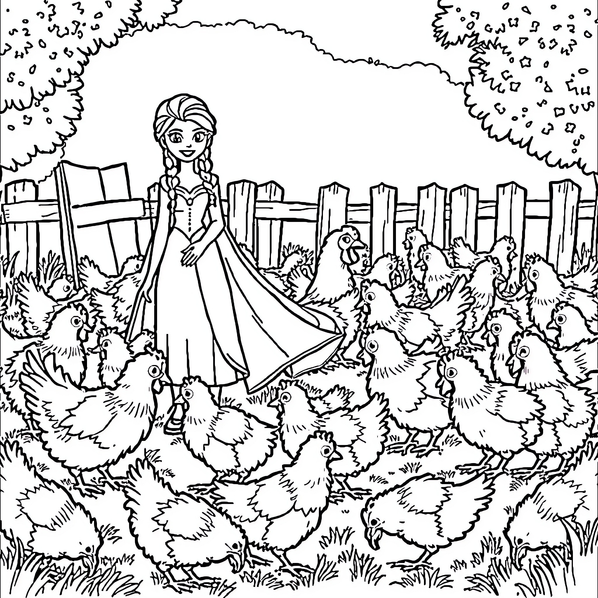 Elsa's Farmyard Adventure Coloring Page (free black-and-white line drawing printable PDF for all, from beginners to advanced learners, including children, teens, adults, and seniors)