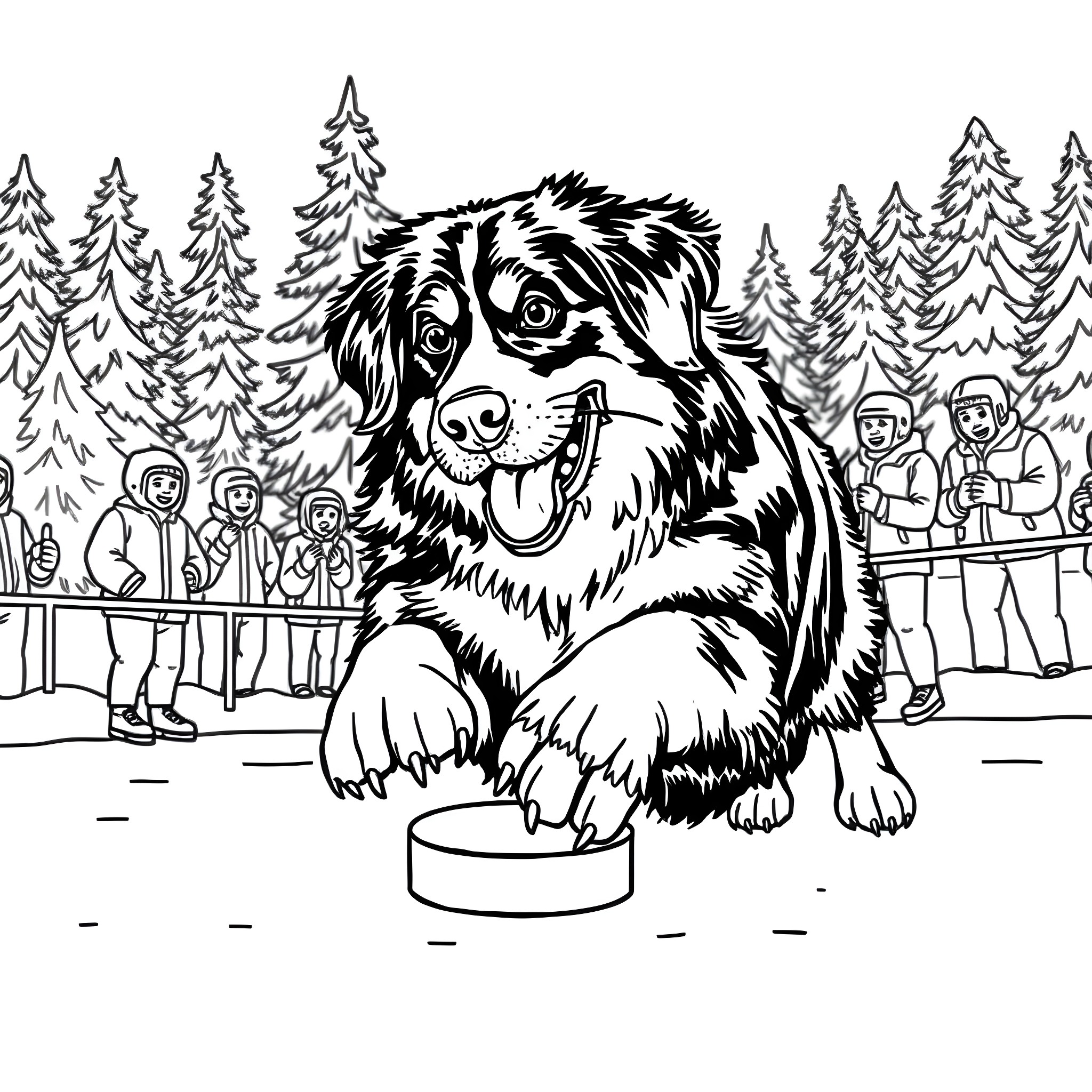 Bernese Mountain Dog performing at a winter event Coloring Page (free black-and-white line drawing printable PDF for all, from beginners to advanced learners, including children, teens, adults, and seniors)