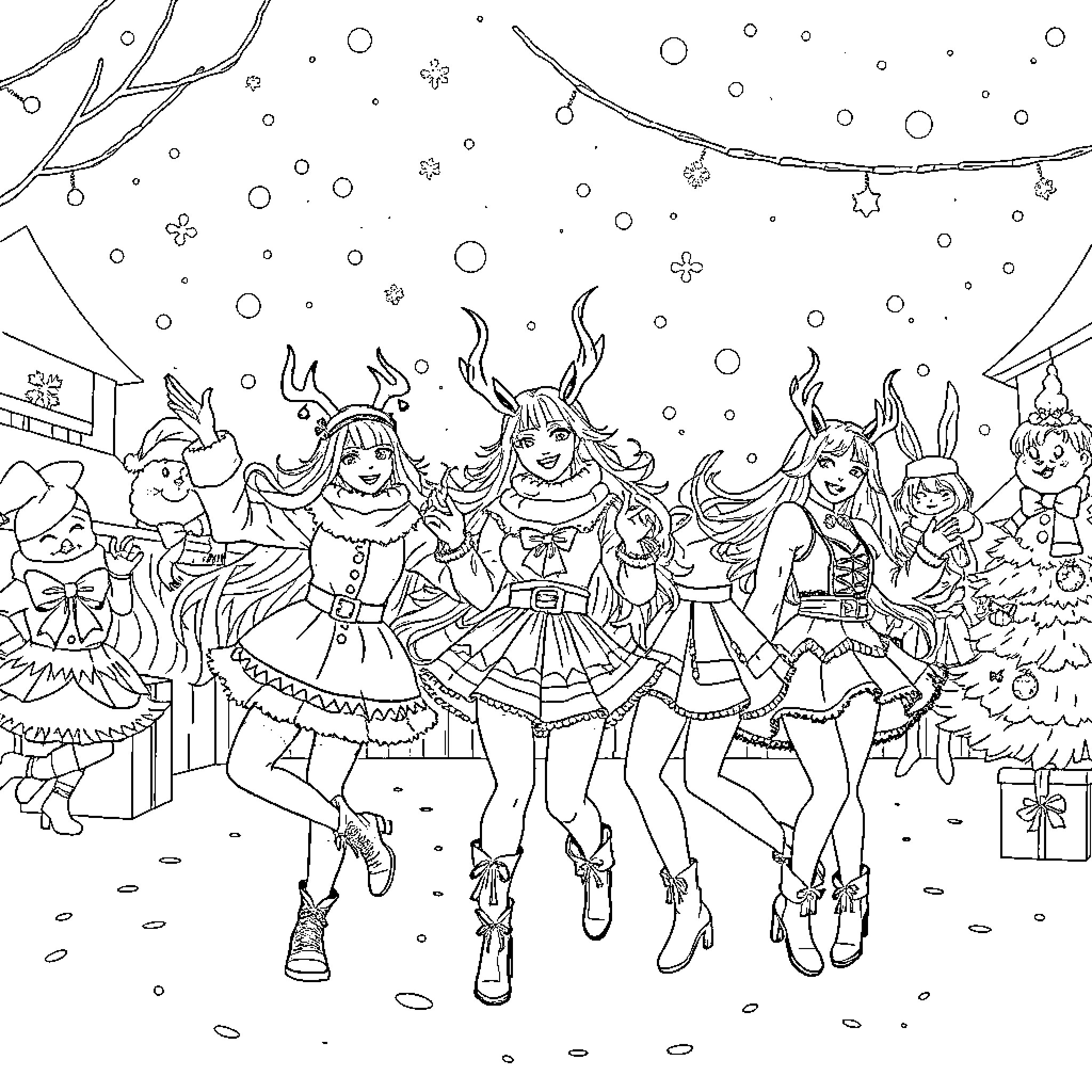 Huntrix Reindeer Girls Celebrate Winter Holidays Coloring Page (free black-and-white line drawing printable PDF for all, from beginners to advanced learners, including children, teens, adults, and seniors)