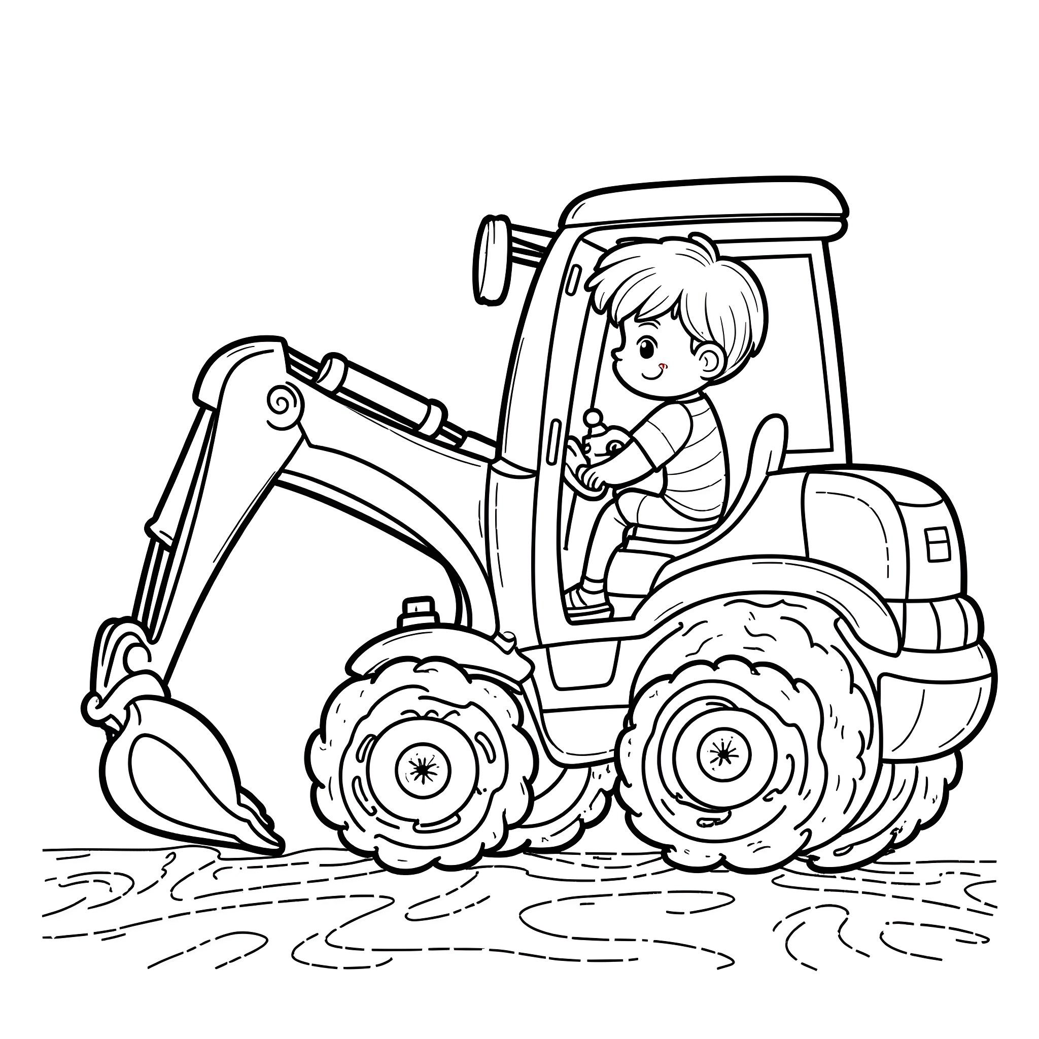 Boy driving a tractor happily on the field Coloring Page (free black-and-white line drawing printable PDF for all, from beginners to advanced learners, including children, teens, adults, and seniors)