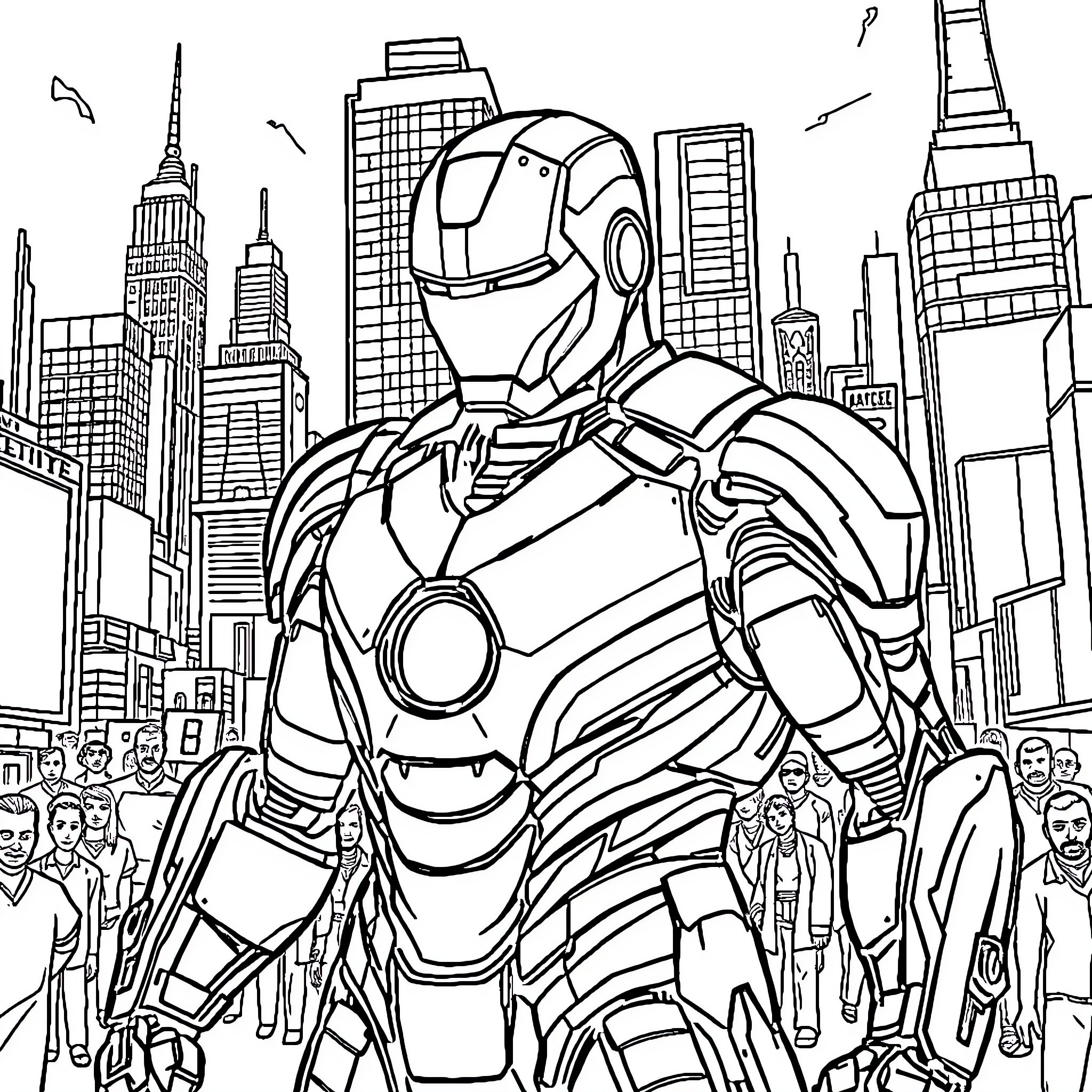 Iron Man walking through the bustling city streets Coloring Page (free black-and-white line drawing printable PDF for all, from beginners to advanced learners, including children, teens, adults, and seniors)