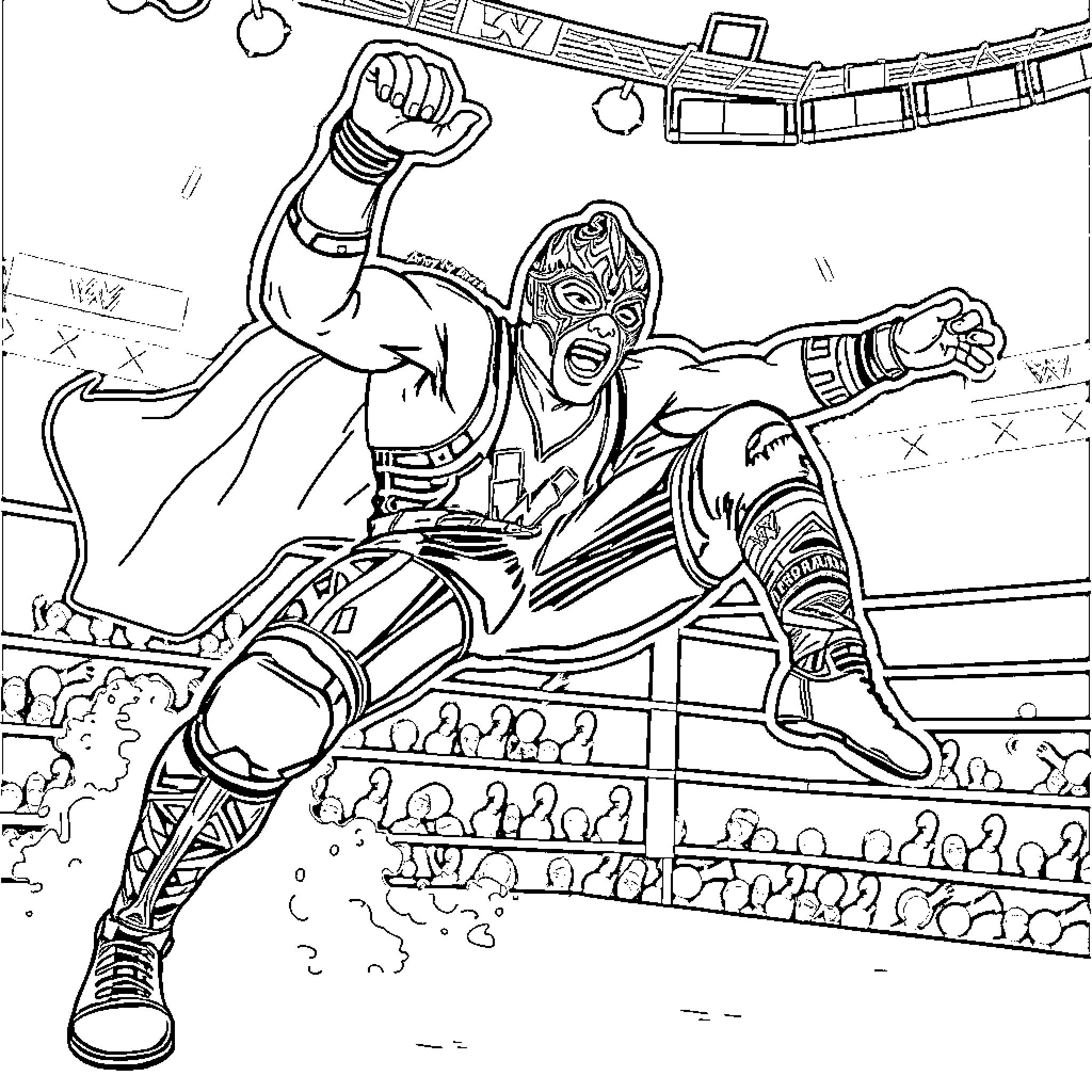Rey Mysterio in intense wrestling match performance Coloring Page (free black-and-white line drawing printable PDF for all, from beginners to advanced learners, including children, teens, adults, and seniors)