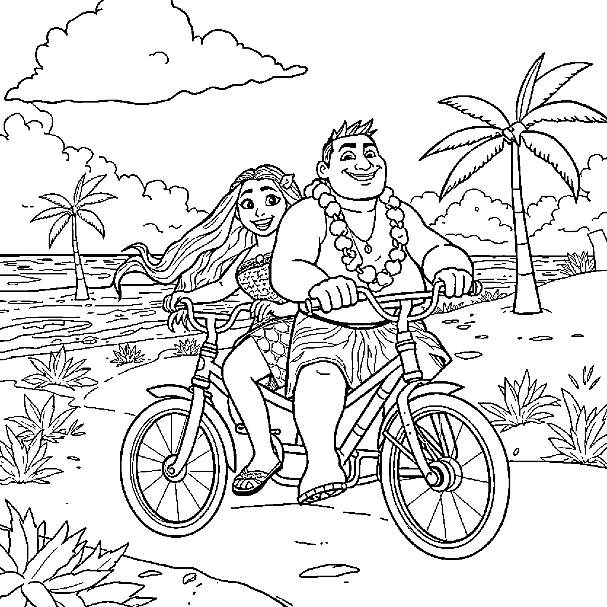 Moana and friend riding bicycles on the beach Coloring Page (free black-and-white line drawing printable PDF for all, from beginners to advanced learners, including children, teens, adults, and seniors)