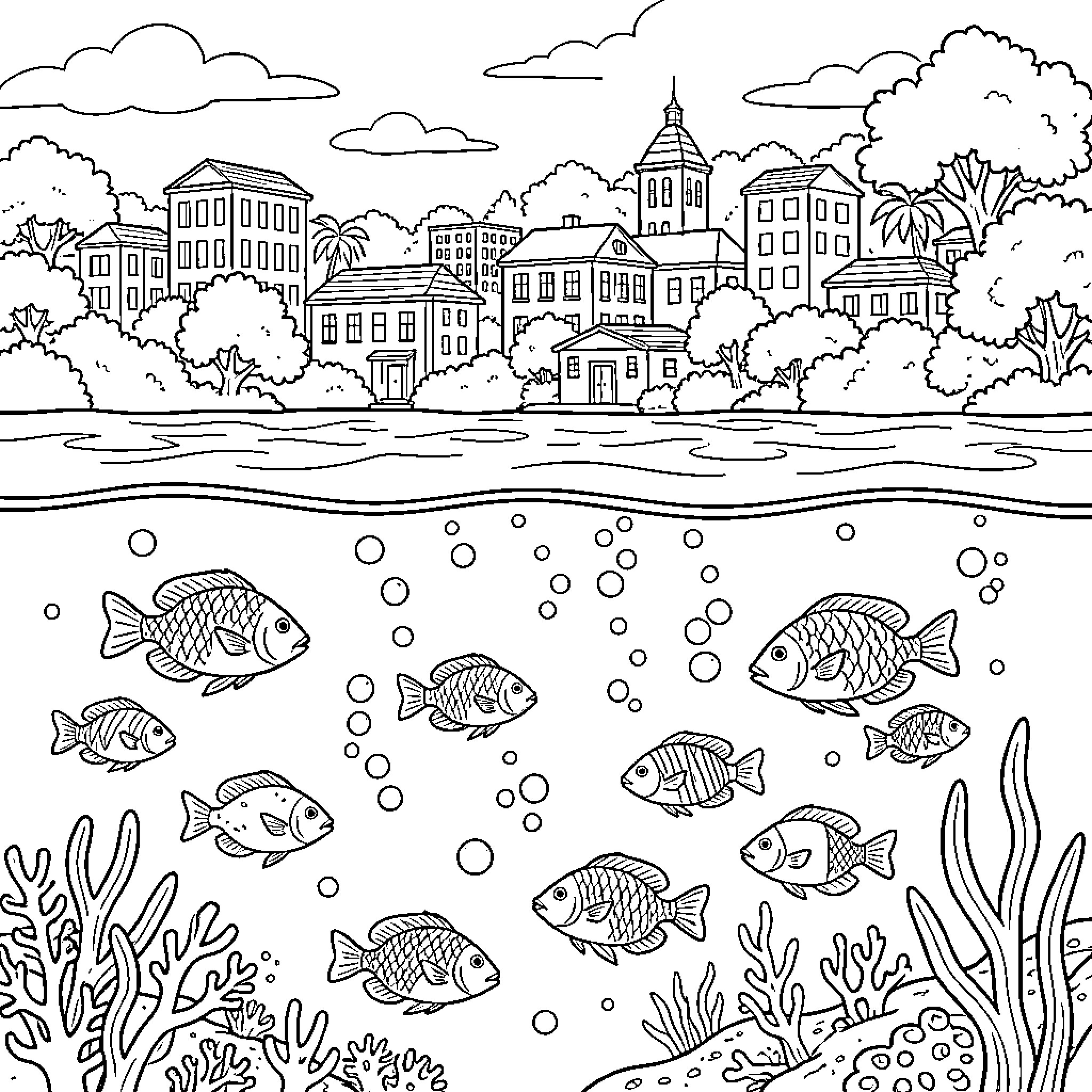 Fish swimming through coral reefs and bubbles Coloring Page (free black-and-white line drawing printable PDF for all, from beginners to advanced learners, including children, teens, adults, and seniors)