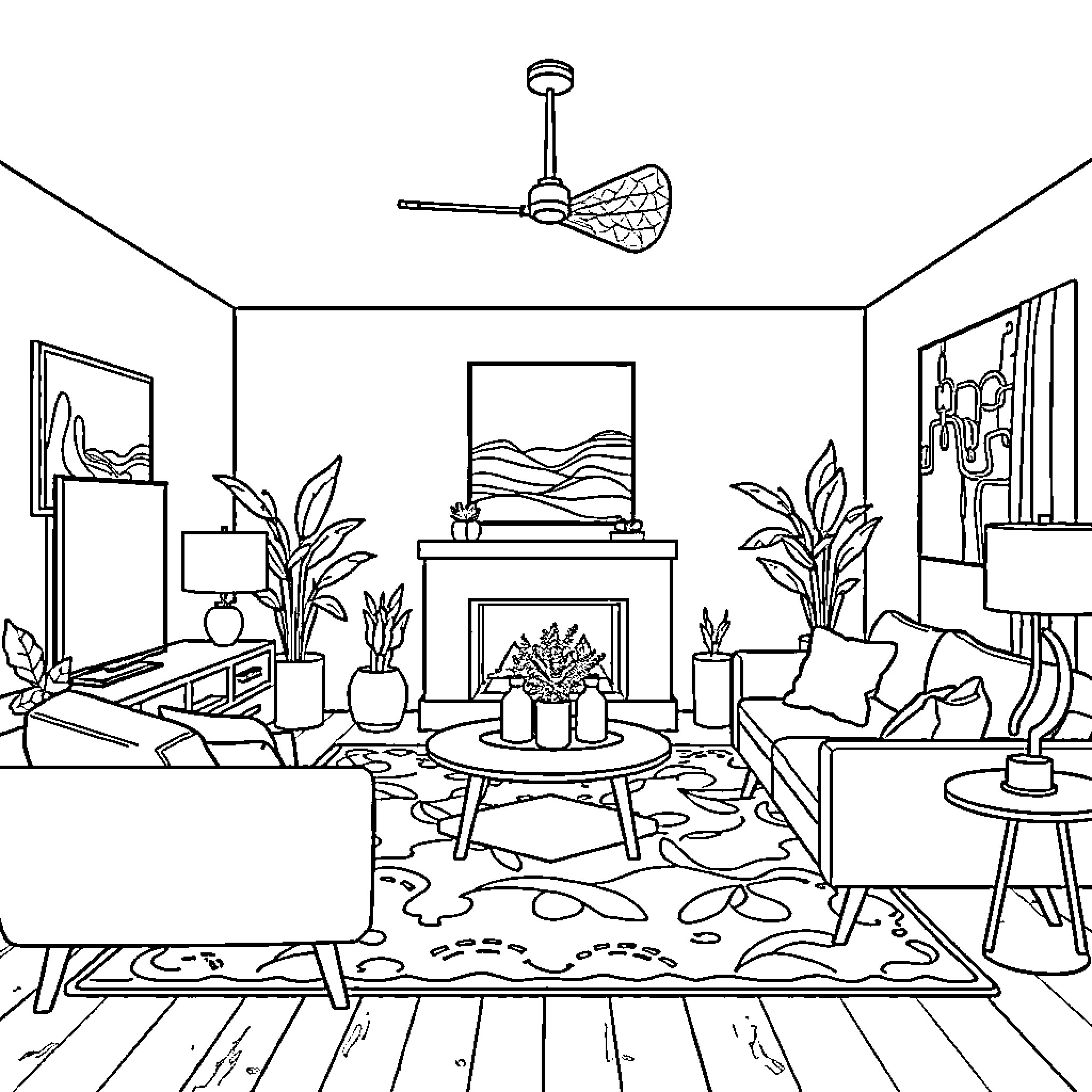 Living Room with Cozy Furnishings and Decor Coloring Page (free black-and-white line drawing printable PDF for all, from beginners to advanced learners, including children, teens, adults, and seniors)
