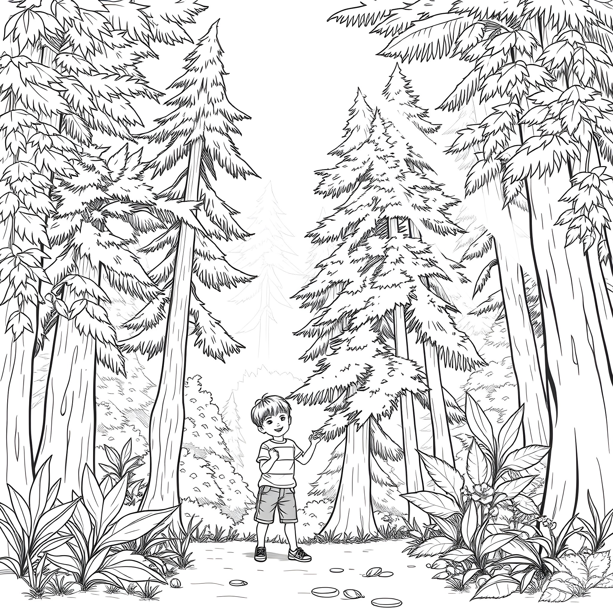 Girl exploring the enchanting forest Coloring Page (free black-and-white line drawing printable PDF for all, from beginners to advanced learners, including children, teens, adults, and seniors)
