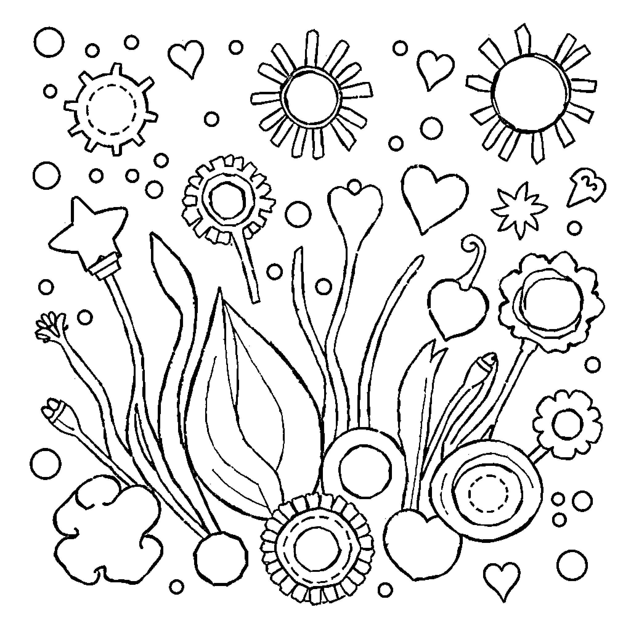 Whimsical floral and geometric design Coloring Page (free black-and-white line drawing printable PDF for all, from beginners to advanced learners, including children, teens, adults, and seniors)