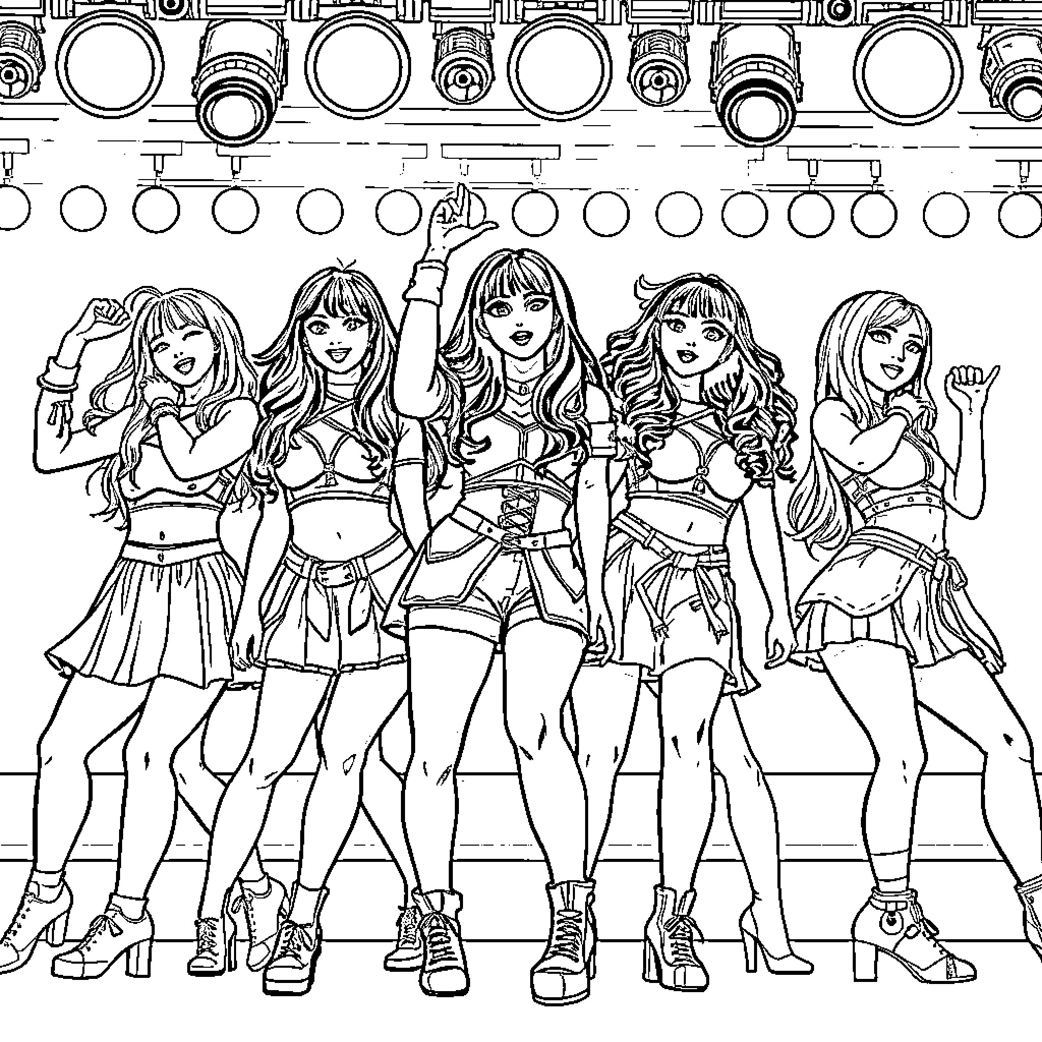 K Pop Warrior Dancers Strike Energetic Poses Coloring Page (free black-and-white line drawing printable PDF for all, from beginners to advanced learners, including children, teens, adults, and seniors)