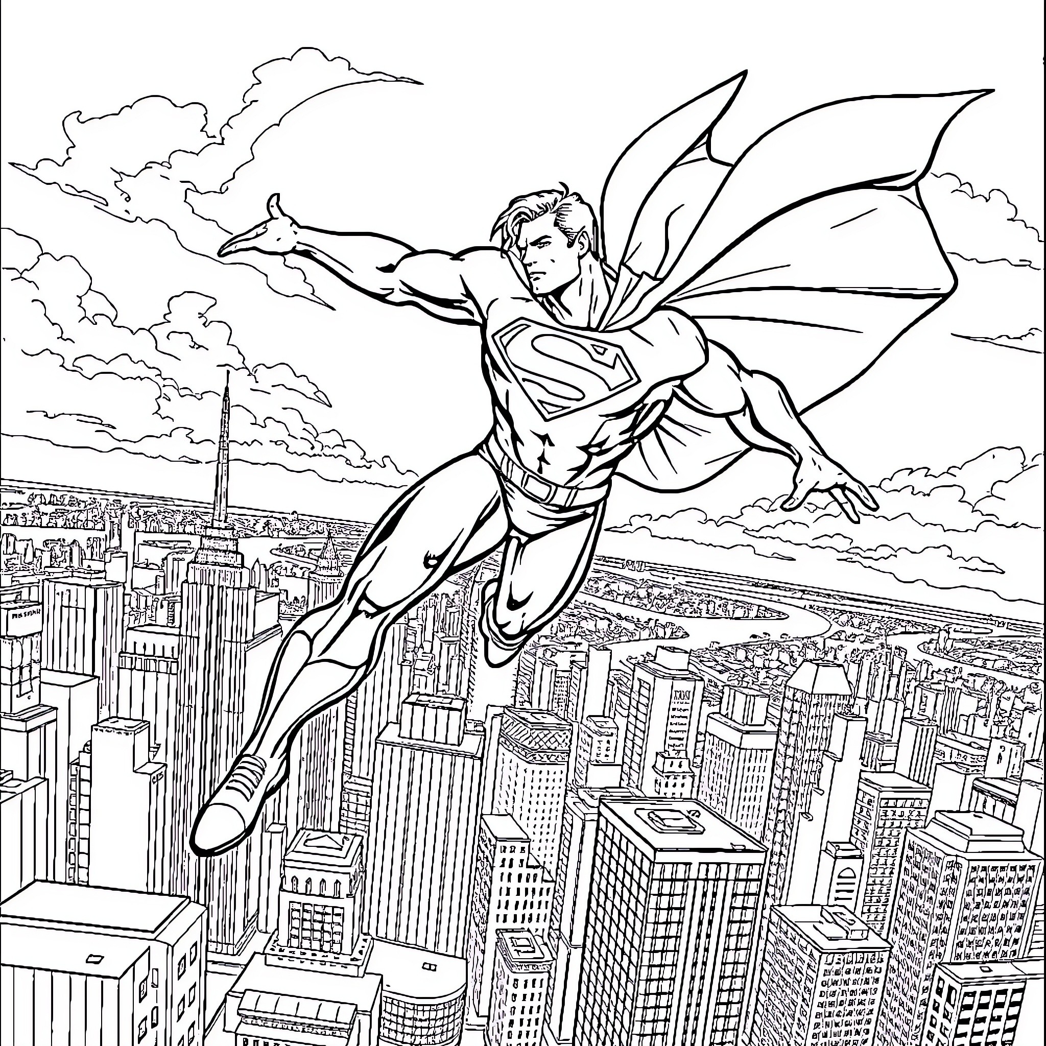 Superman soaring over the city skyline Coloring Page (free black-and-white line drawing printable PDF for all, from beginners to advanced learners, including children, teens, adults, and seniors)