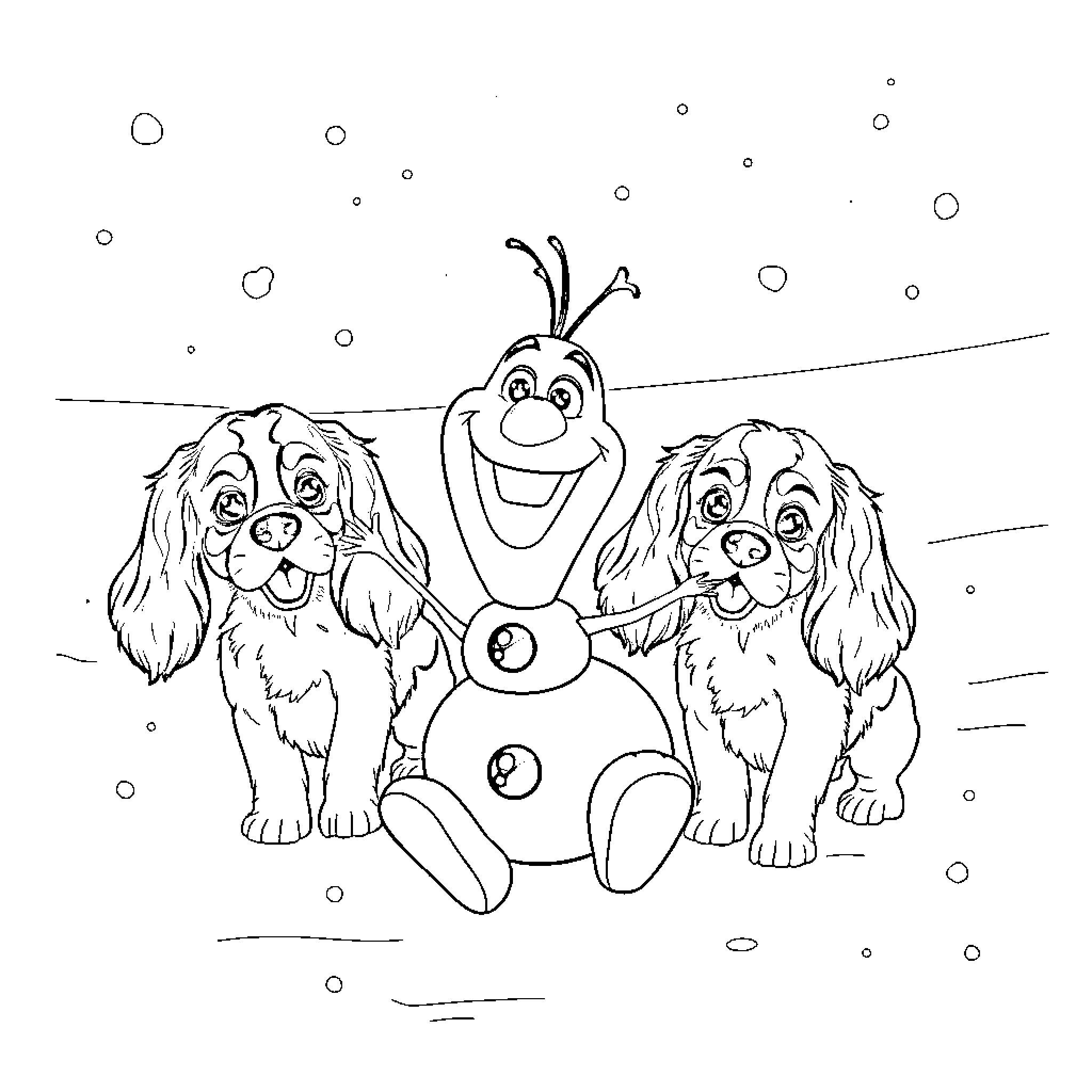 Olaf playing in the snow with puppies Coloring Page (free black-and-white line drawing printable PDF for all, from beginners to advanced learners, including children, teens, adults, and seniors)