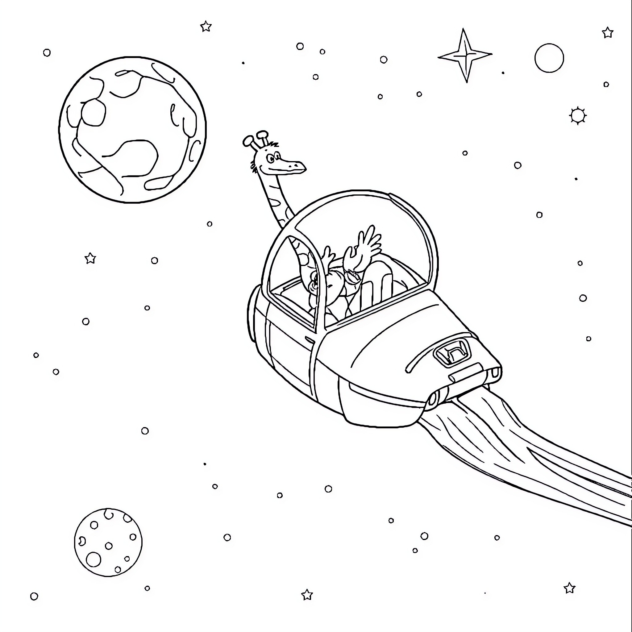 Car with animals exploring outer space Coloring Page (free black-and-white line drawing printable PDF for all, from beginners to advanced learners, including children, teens, adults, and seniors)