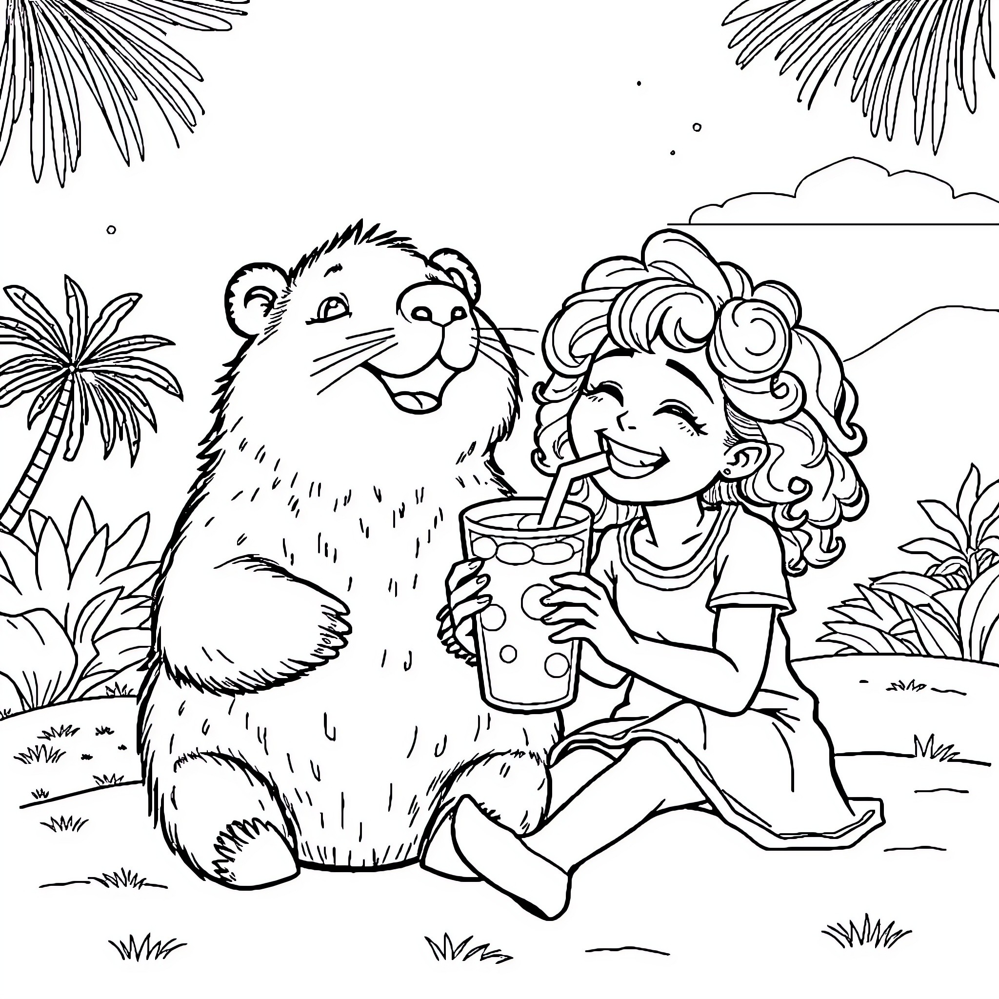 Capybara and girl enjoying a refreshing drink in nature Coloring Page (free black-and-white line drawing printable PDF for all, from beginners to advanced learners, including children, teens, adults, and seniors)