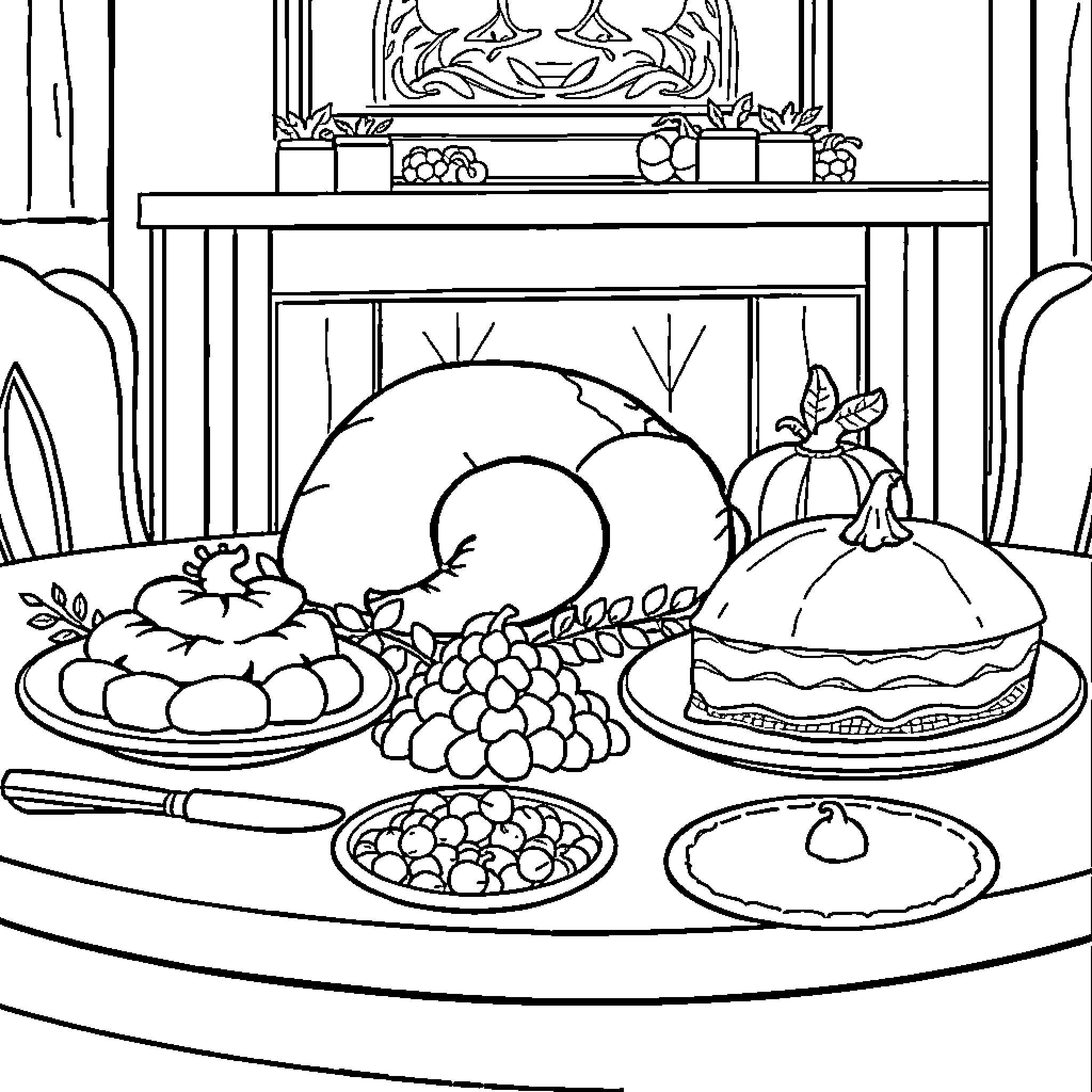 Thanksgiving feast with traditional dishes Coloring Page (free black-and-white line drawing printable PDF for all, from beginners to advanced learners, including children, teens, adults, and seniors)