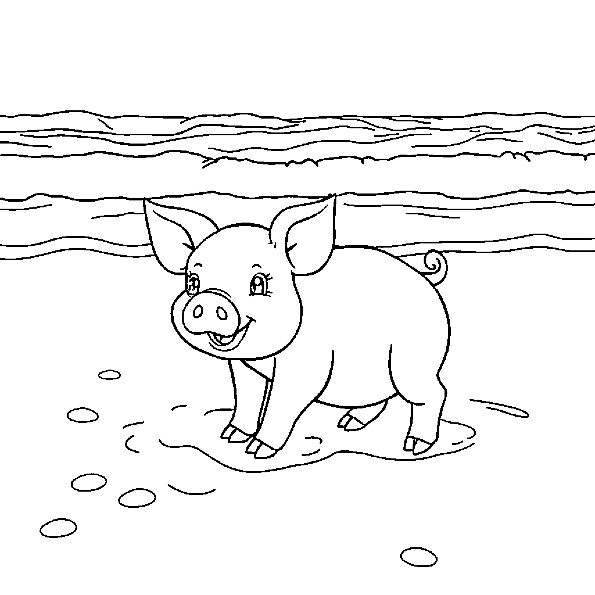 Pig playing joyfully in the mud Coloring Page (free black-and-white line drawing printable PDF for all, from beginners to advanced learners, including children, teens, adults, and seniors)