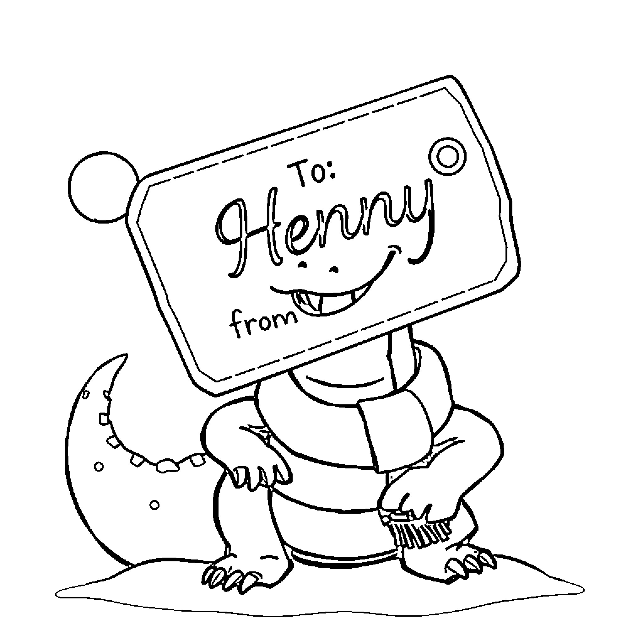 Gator holding a gift tag for Henry Coloring Page (free black-and-white line drawing printable PDF for all, from beginners to advanced learners, including children, teens, adults, and seniors)