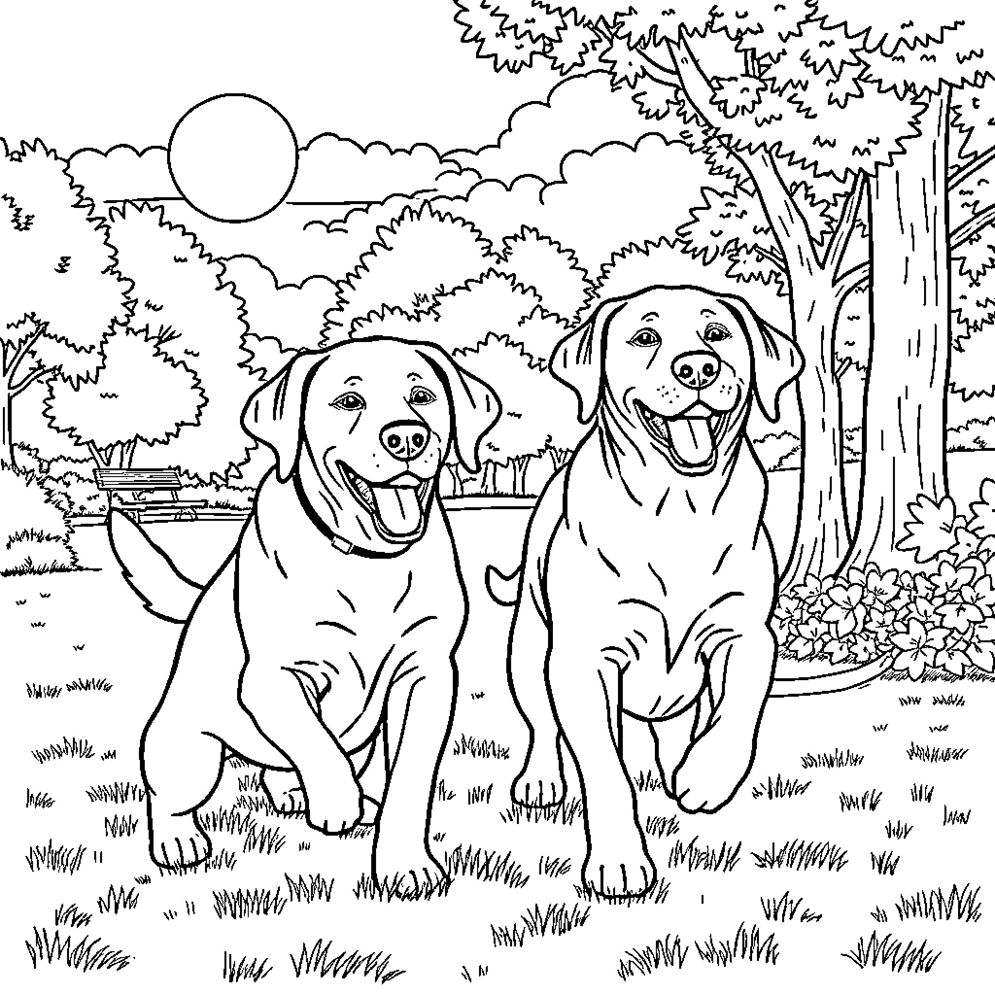 Labrador dogs enjoying the outdoors Coloring Page (free black-and-white line drawing printable PDF for all, from beginners to advanced learners, including children, teens, adults, and seniors)