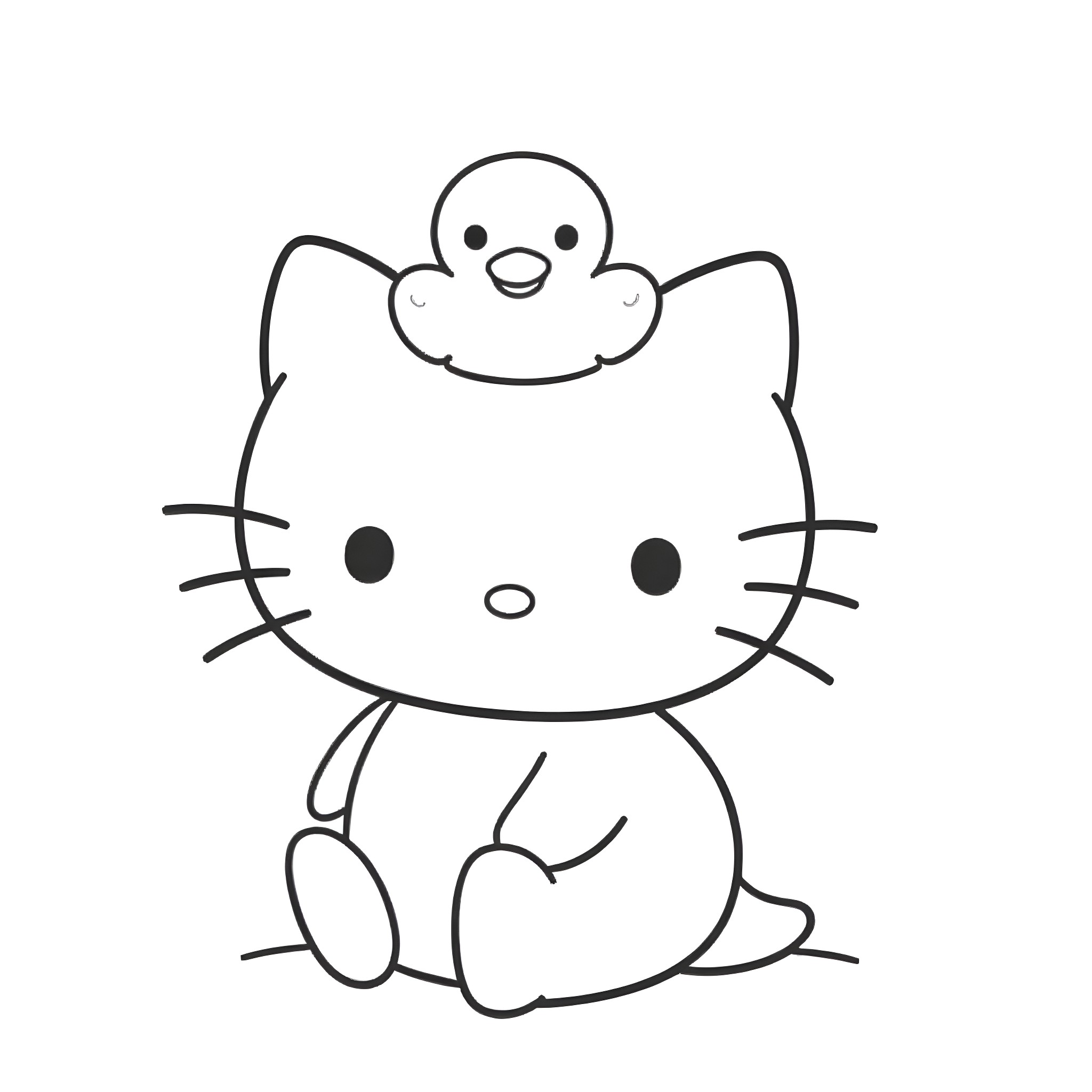 Hello Kitty with a bird friend Coloring Page (free black-and-white line drawing printable PDF for all, from beginners to advanced learners, including children, teens, adults, and seniors)