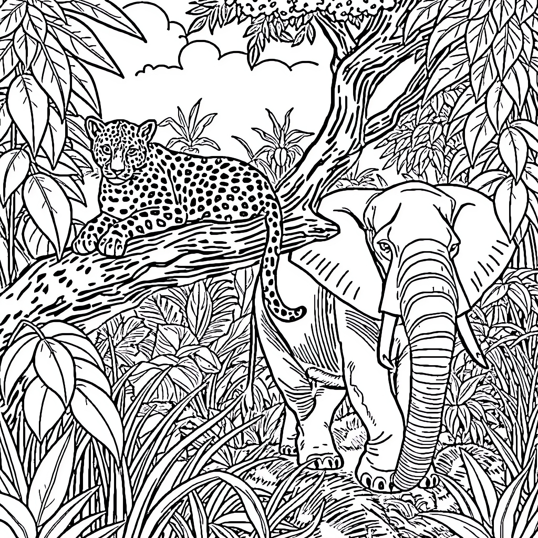 Leopard relaxing amid lush jungle foliage Coloring Page (free black-and-white line drawing printable PDF for all, from beginners to advanced learners, including children, teens, adults, and seniors)
