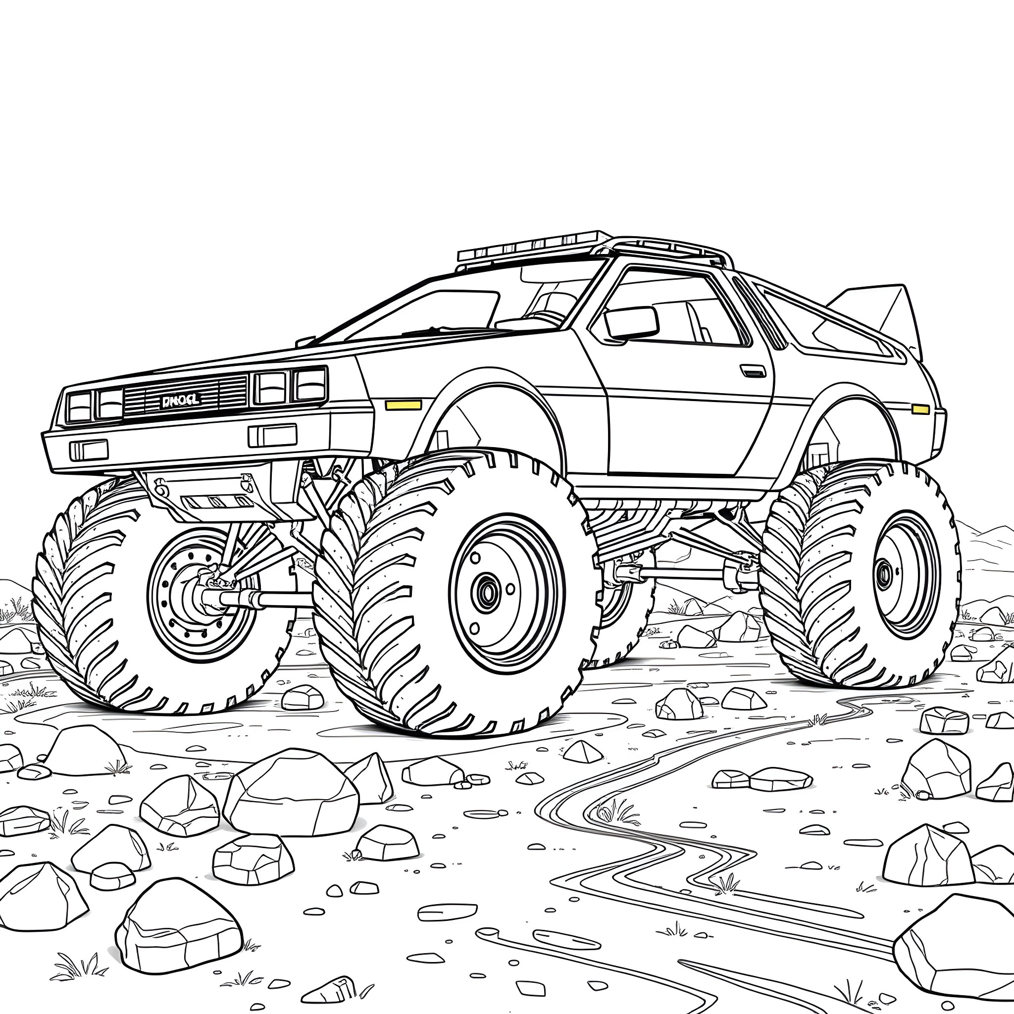 DeLorean Monster Truck Navigating Off-Road Terrain Coloring Page (free black-and-white line drawing printable PDF for all, from beginners to advanced learners, including children, teens, adults, and seniors)
