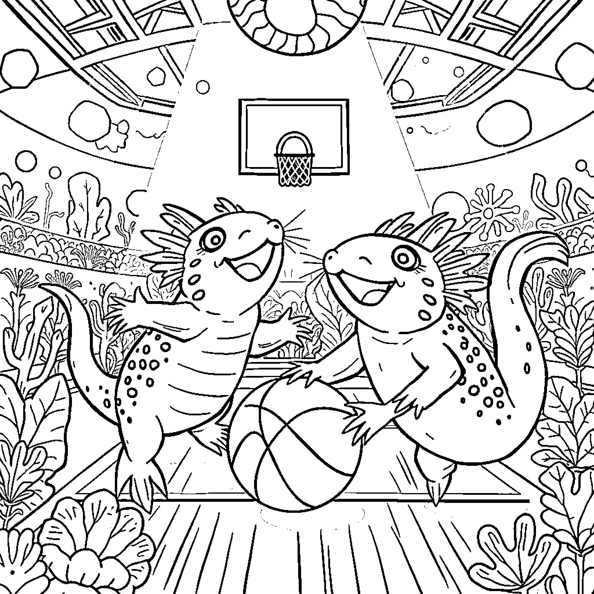 Axolotl enjoying a fun day at the basketball court Coloring Page (free black-and-white line drawing printable PDF for all, from beginners to advanced learners, including children, teens, adults, and seniors)