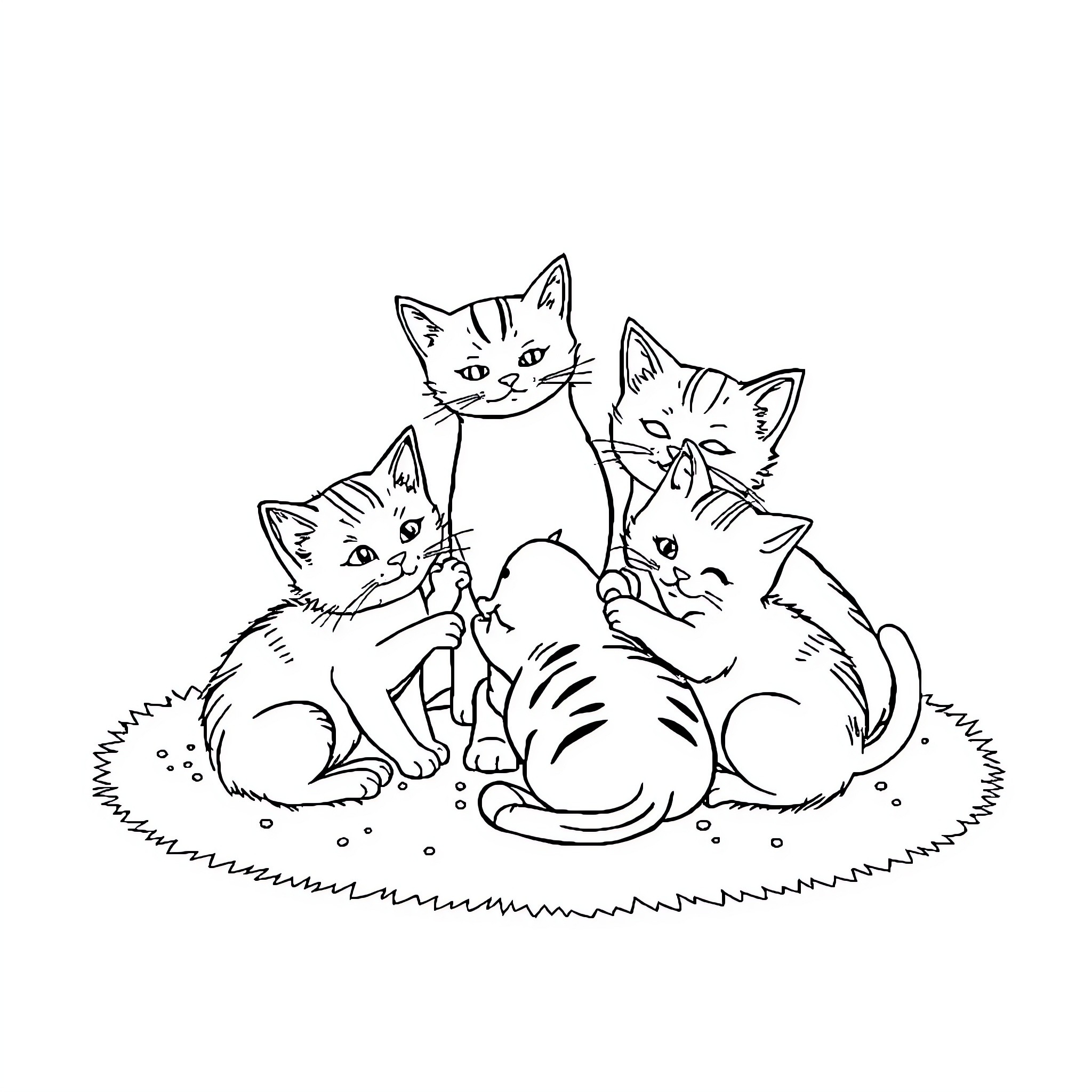 Cat family enjoying a cozy gathering Coloring Page (free black-and-white line drawing printable PDF for all, from beginners to advanced learners, including children, teens, adults, and seniors)