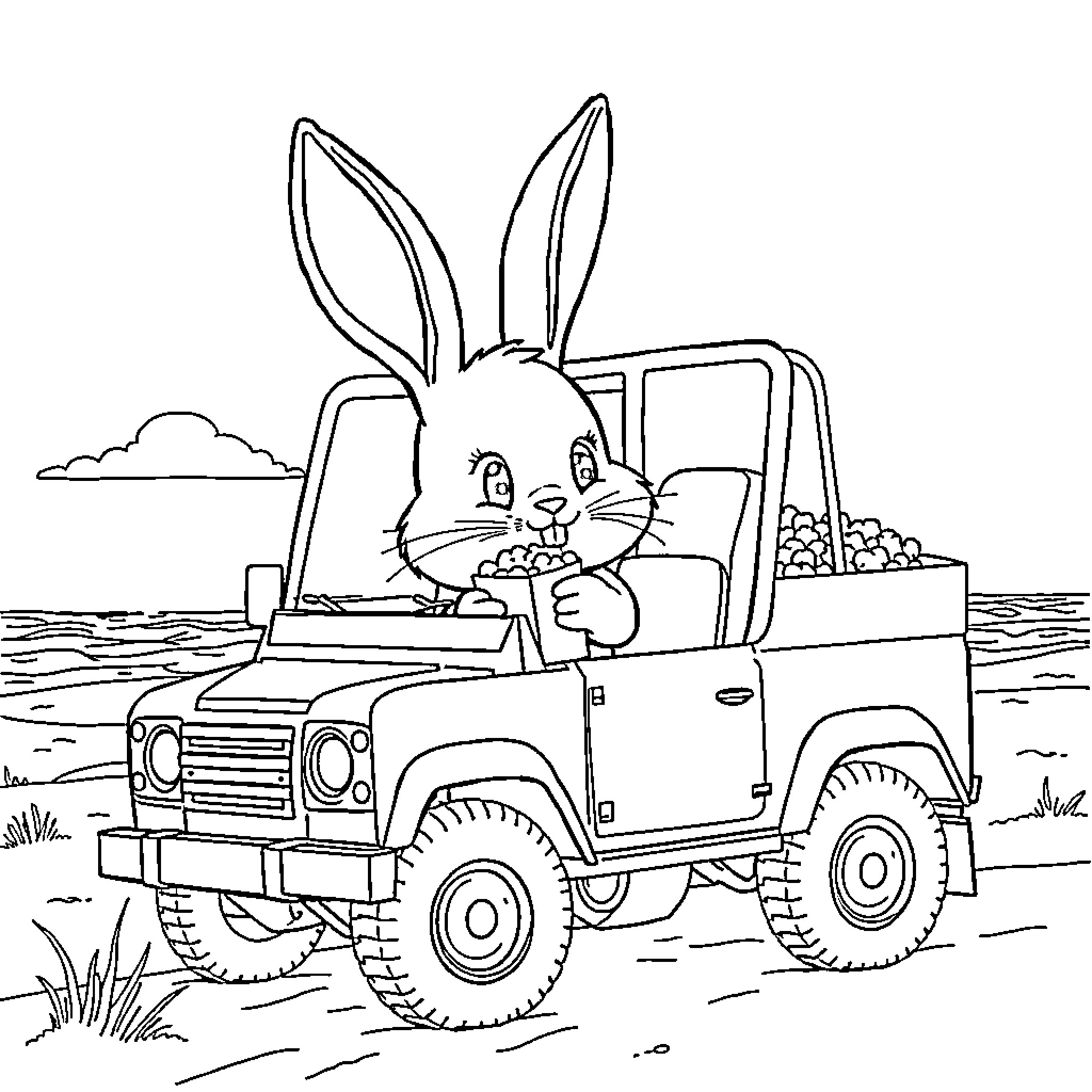 Bunny driving a rugged off-road vehicle Coloring Page (free black-and-white line drawing printable PDF for all, from beginners to advanced learners, including children, teens, adults, and seniors)
