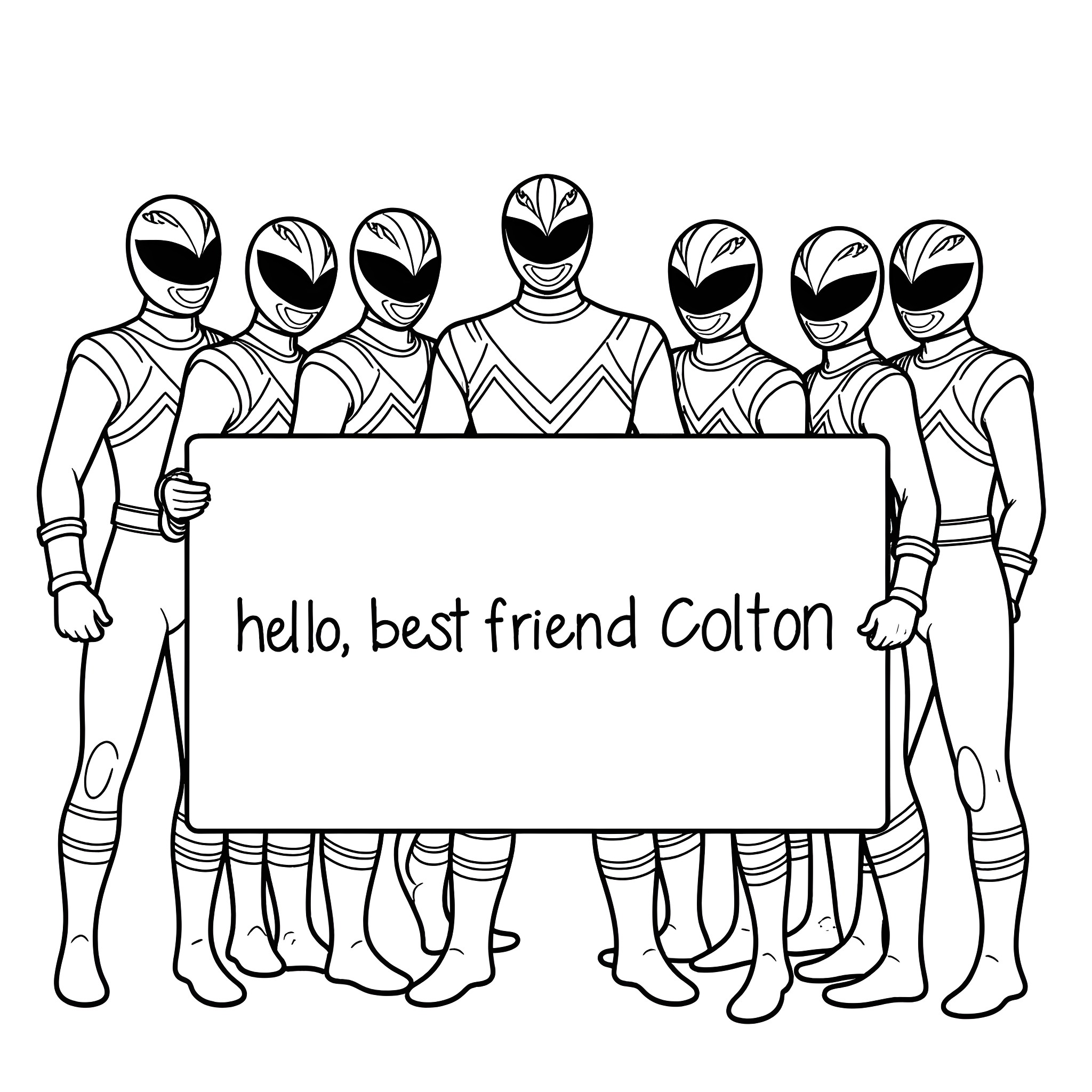 Power Rangers greeting their friend Coloring Page (free black-and-white line drawing printable PDF for all, from beginners to advanced learners, including children, teens, adults, and seniors)