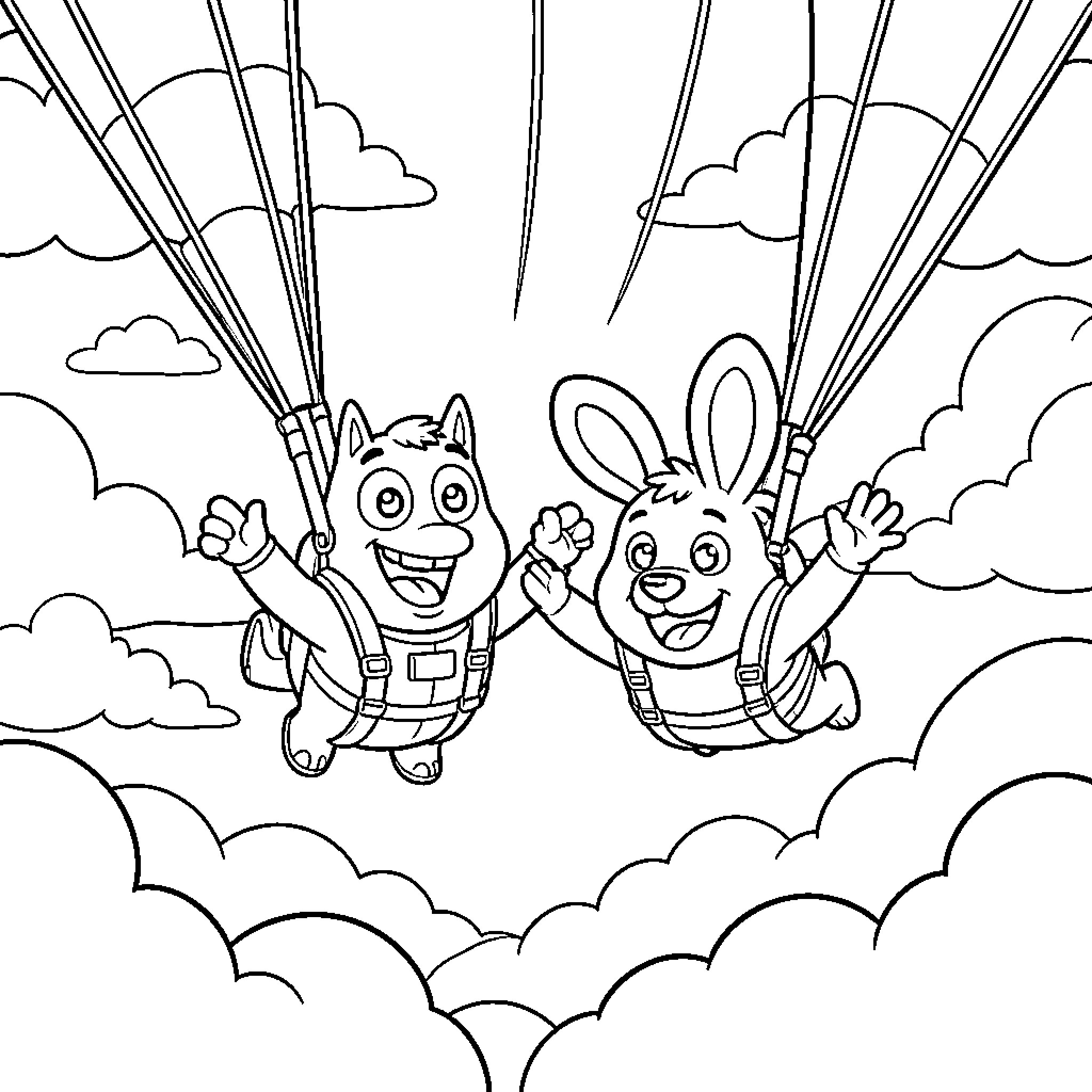 Bluey and Bingo parachuting through the sky Coloring Page (free black-and-white line drawing printable PDF for all, from beginners to advanced learners, including children, teens, adults, and seniors)