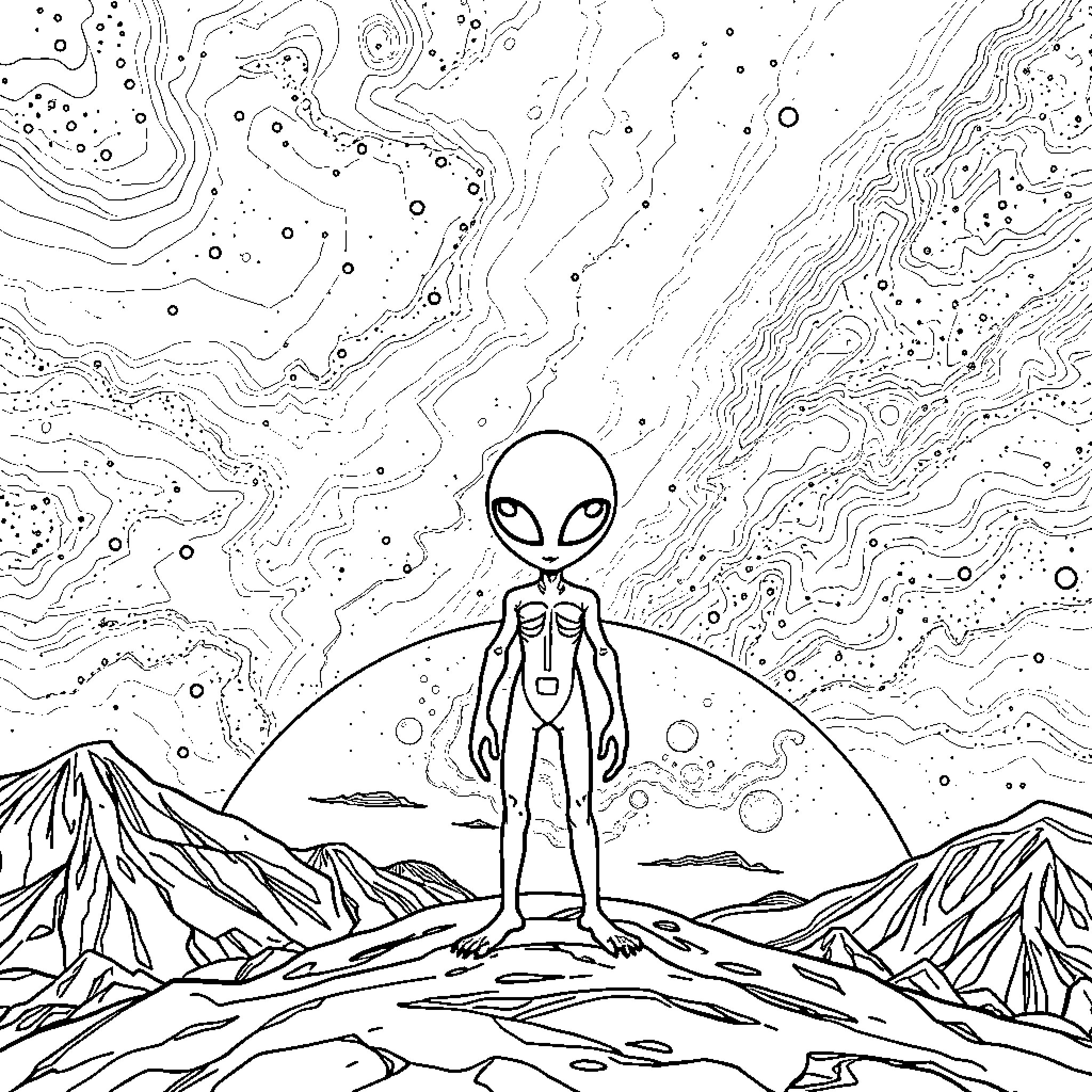 Alien exploring the strange and mysterious landscape Coloring Page (free black-and-white line drawing printable PDF for all, from beginners to advanced learners, including children, teens, adults, and seniors)