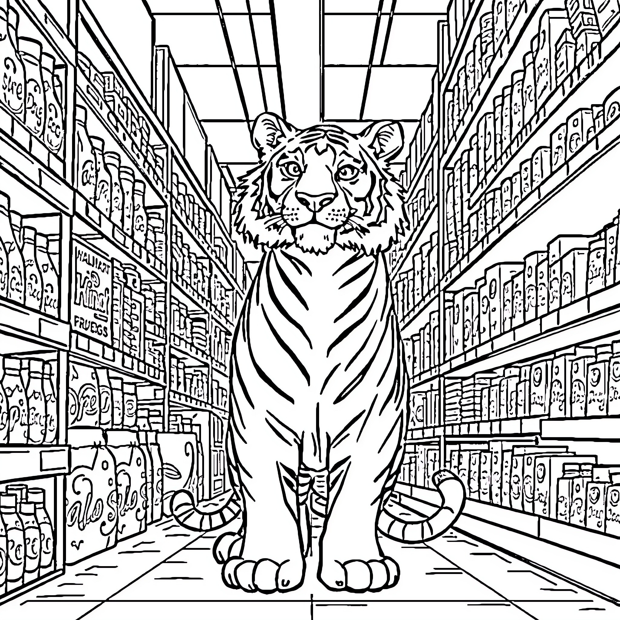 Tiger Roaming Through the Supermarket Aisles Coloring Page (free black-and-white line drawing printable PDF for all, from beginners to advanced learners, including children, teens, adults, and seniors)