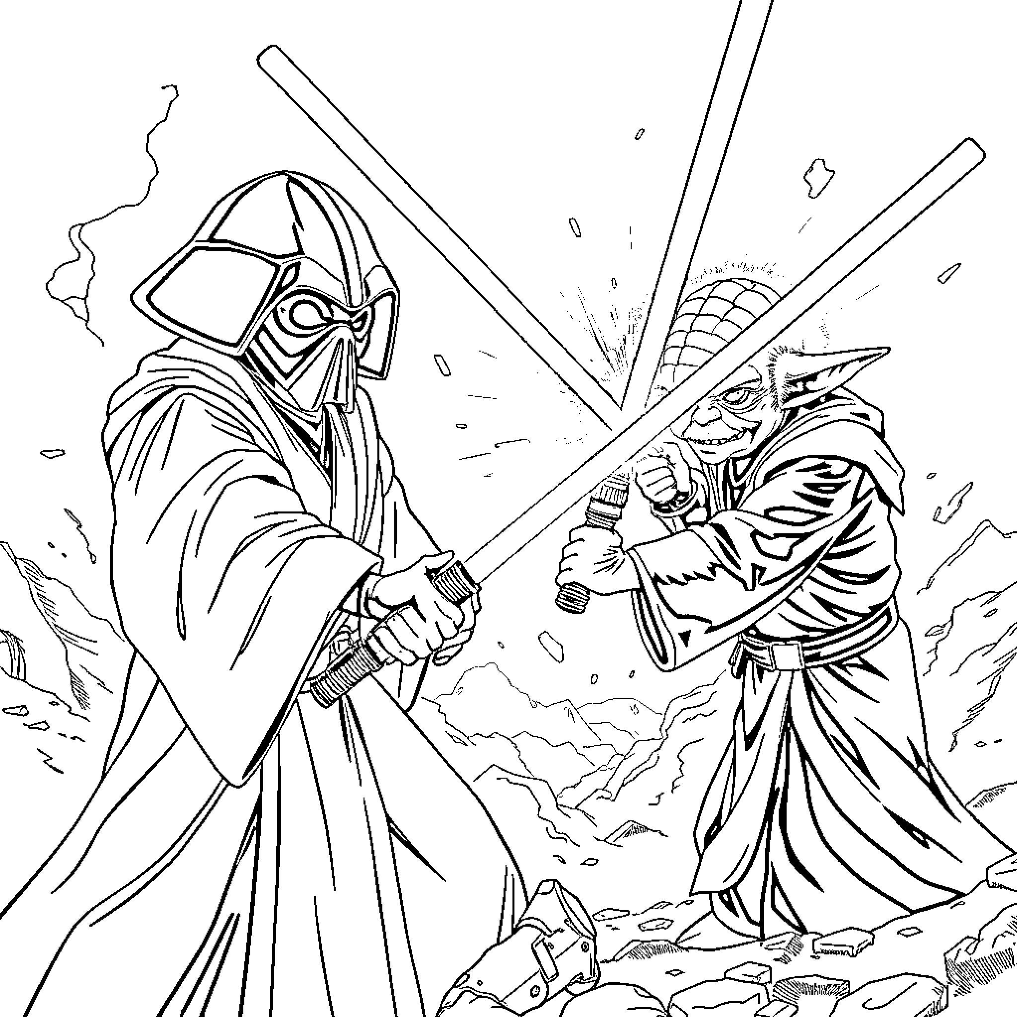 Grogu engages in epic lightsaber duel with armored figure Coloring Page (free black-and-white line drawing printable PDF for all, from beginners to advanced learners, including children, teens, adults, and seniors)