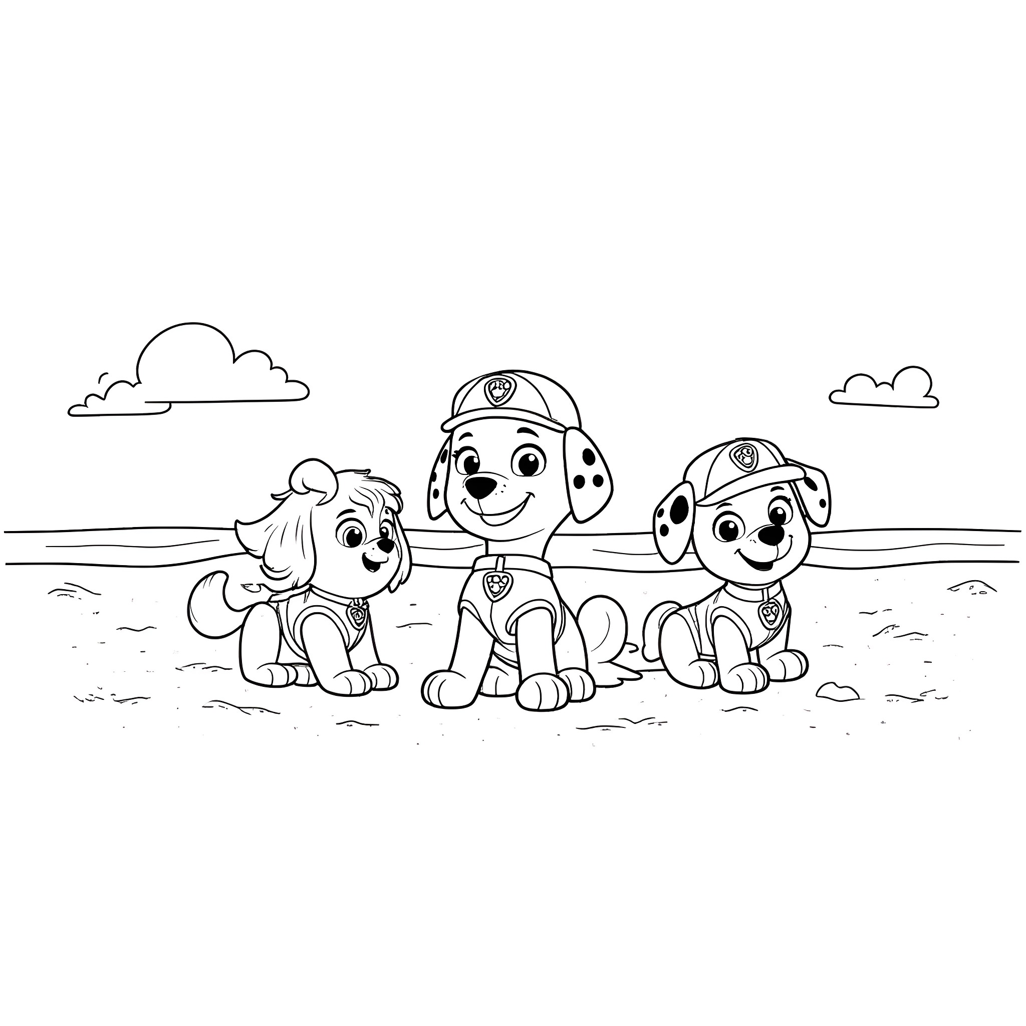 Paw Patrol puppies on patrol in the park Coloring Page (free black-and-white line drawing printable PDF for all, from beginners to advanced learners, including children, teens, adults, and seniors)