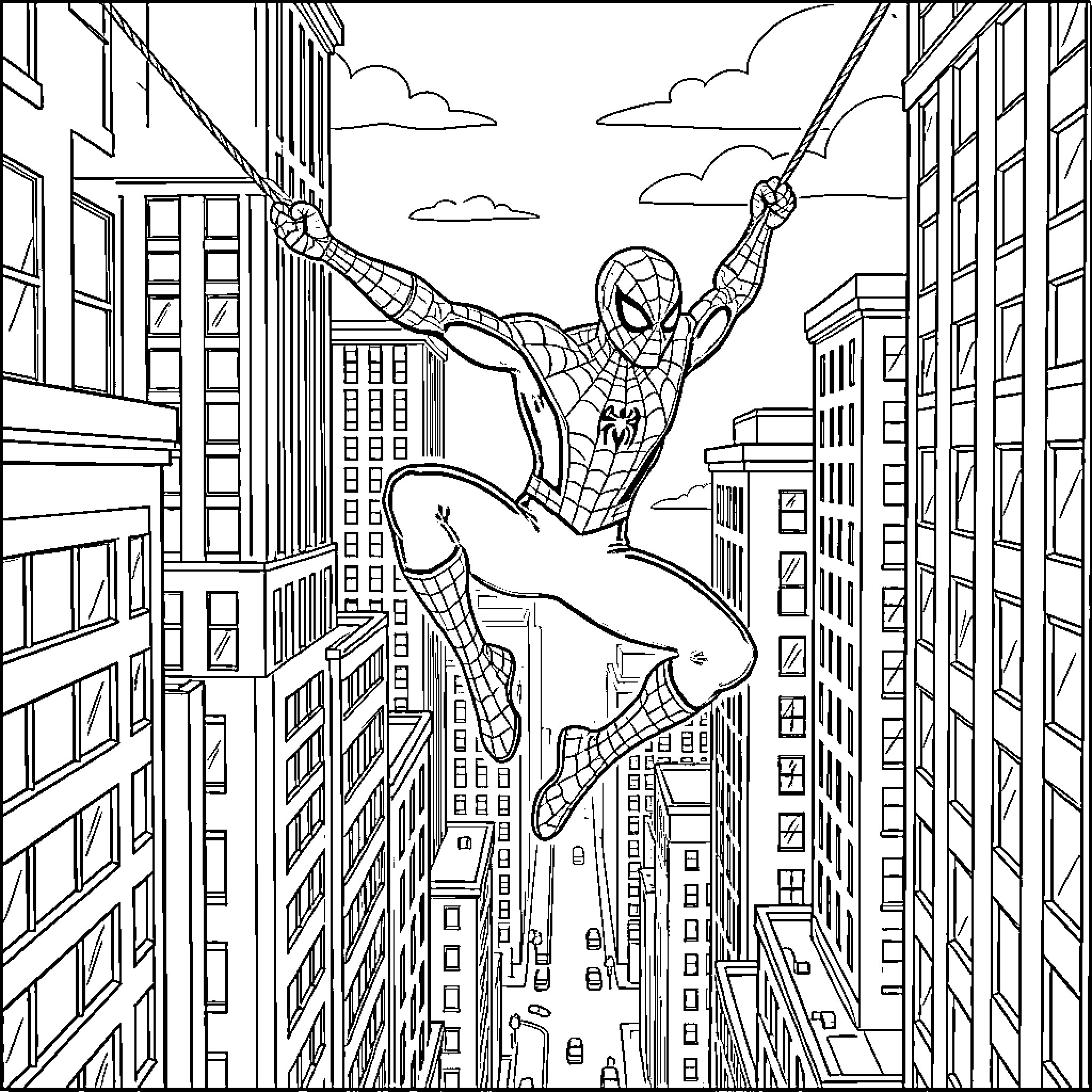 Spider-Man swinging between tall city buildings Coloring Page (free black-and-white line drawing printable PDF for all, from beginners to advanced learners, including children, teens, adults, and seniors)